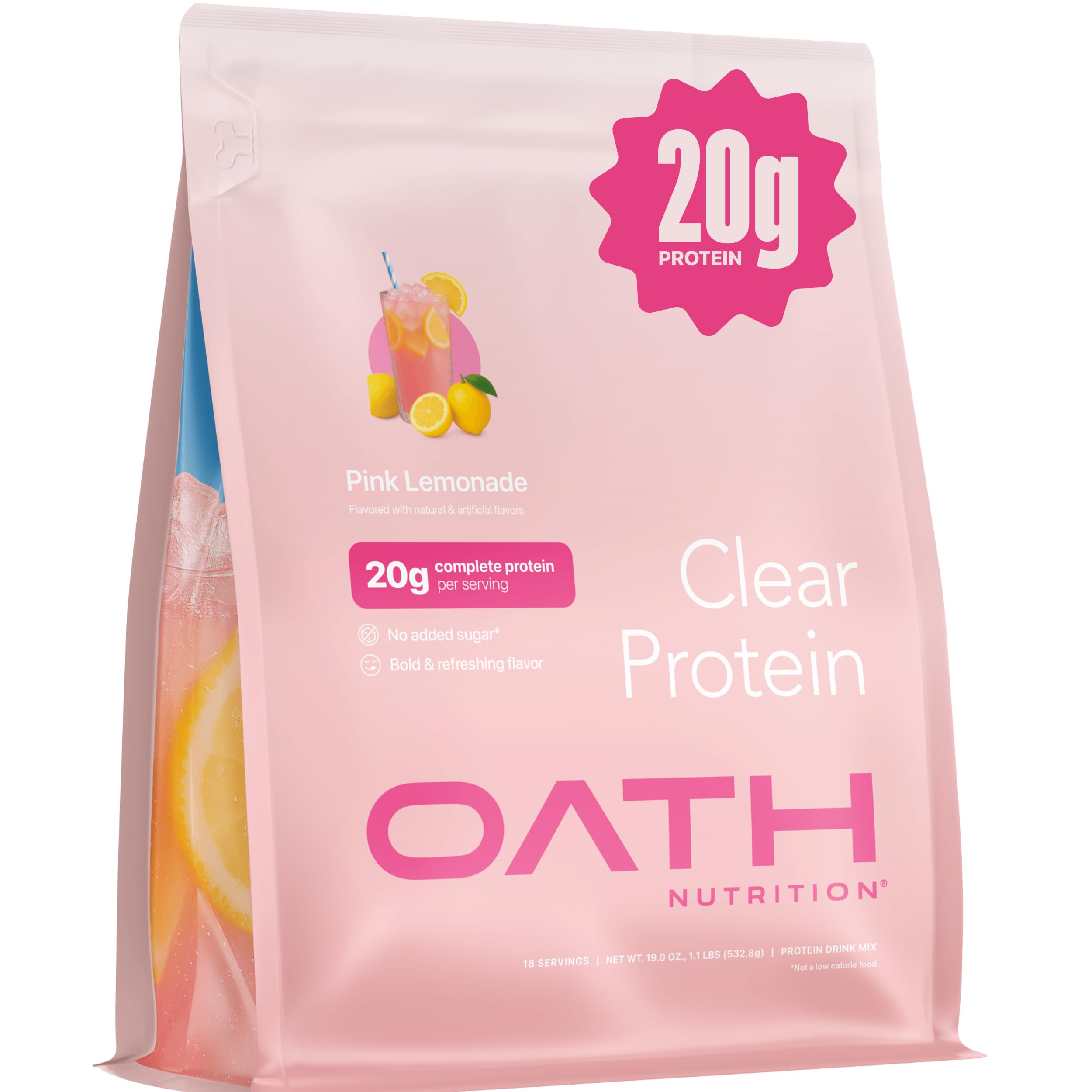 Oath Nutrition envase frontal con diseño y sabor pink lemonade, presentación clara