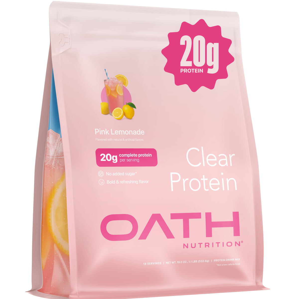 Oath Nutrition envase frontal con diseño y sabor pink lemonade, presentación clara
