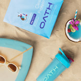 Oath Nutrition bebida en una escena de playa, transmite disfrute y estilo de vida activo