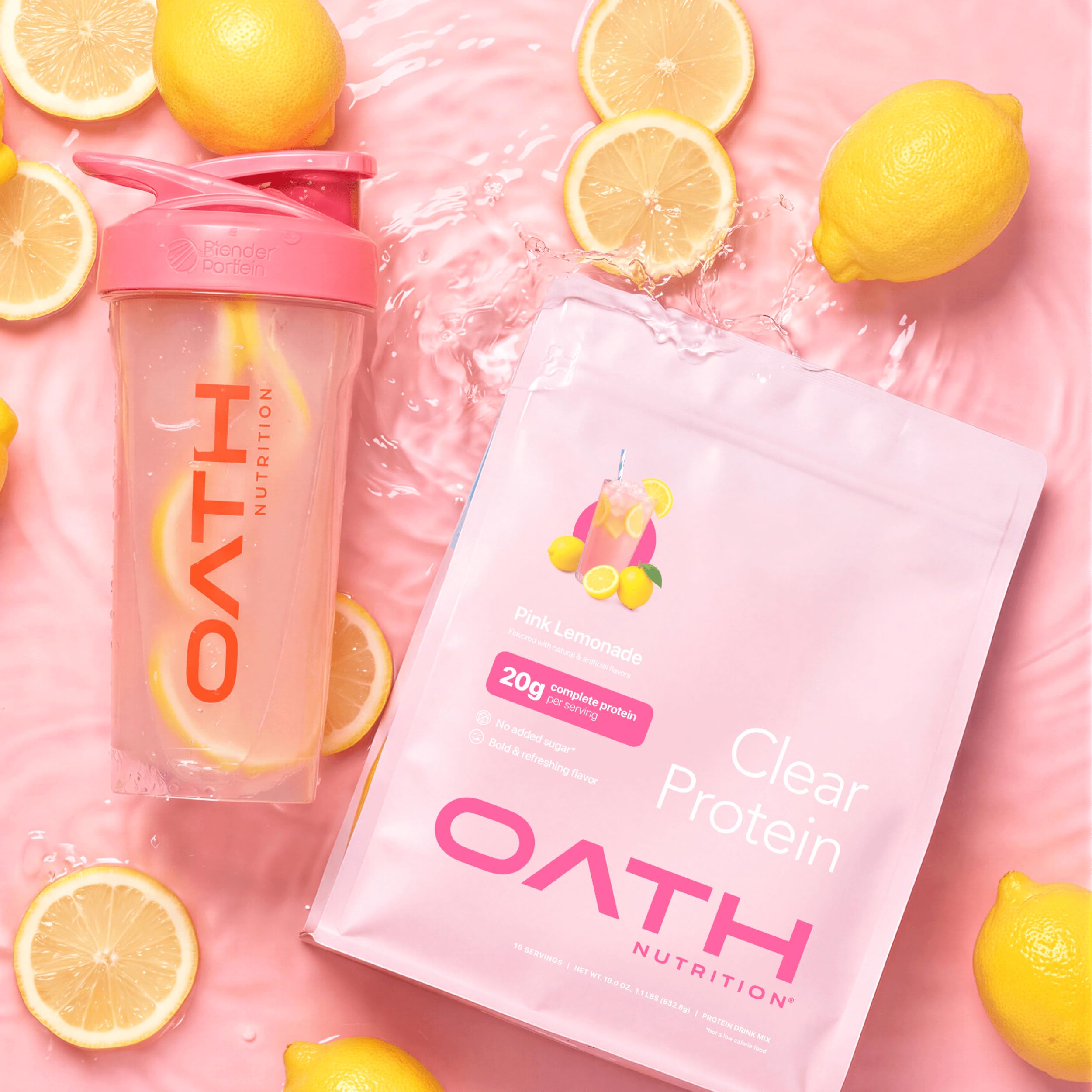 Oath Nutrition bote junto a toalla y gafas, ideal para consumo junto a piscina