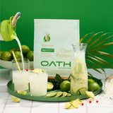 Oath Nutrition etiqueta nutricional para ver 20 g por porción y sin azúcares añadidos