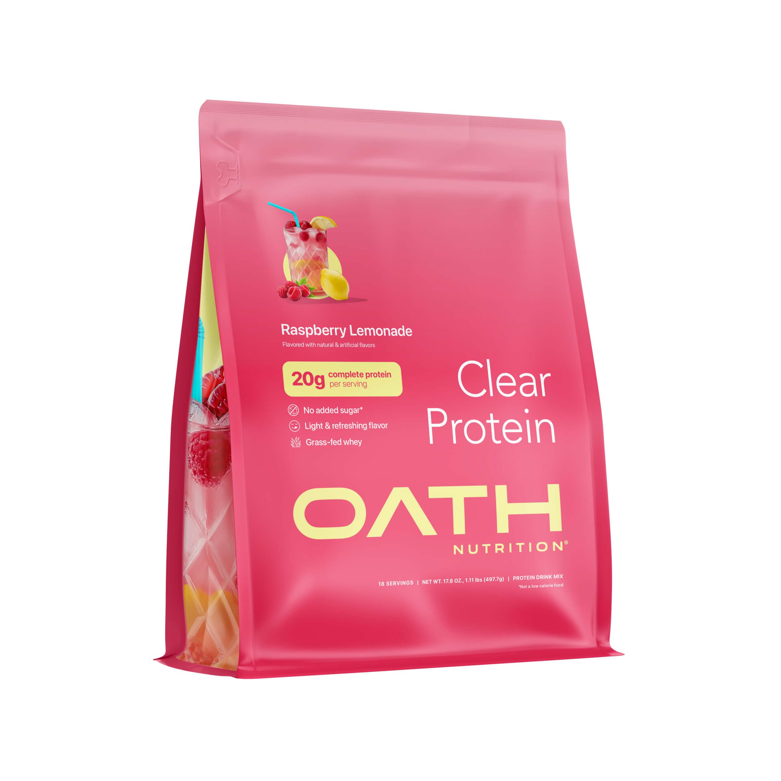 OATH NUTRITION empaque frontal mostrando sabor frambuesa-limonada y beneficio refrescante