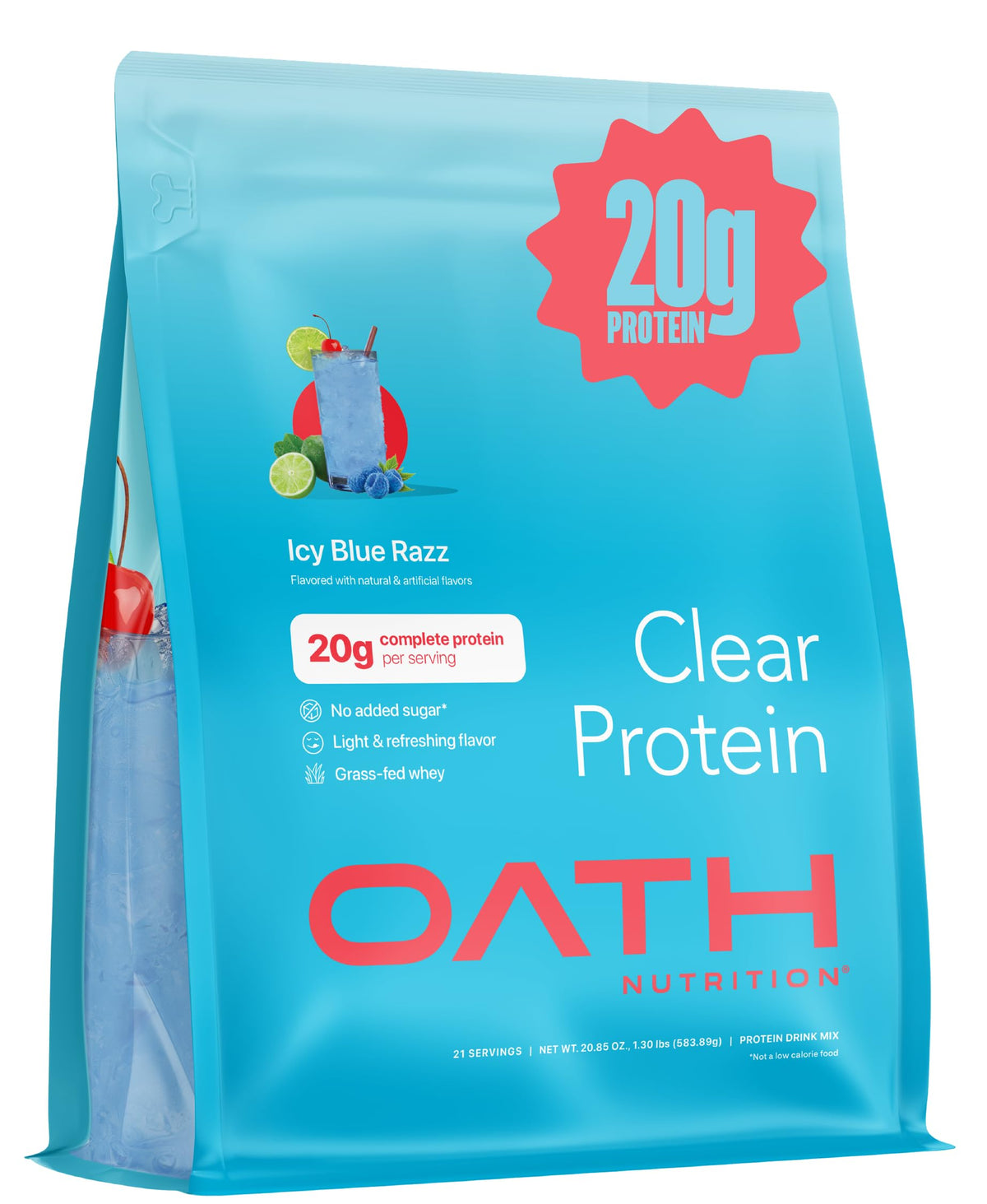 Oath Nutrition frente del paquete mostrando sabor ICY Blue Razz y porciones