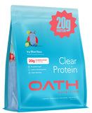 Oath Nutrition frente del paquete mostrando sabor ICY Blue Razz y porciones
