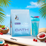 Oath Nutrition comparación de porción junto a una mano, escala y conveniencia