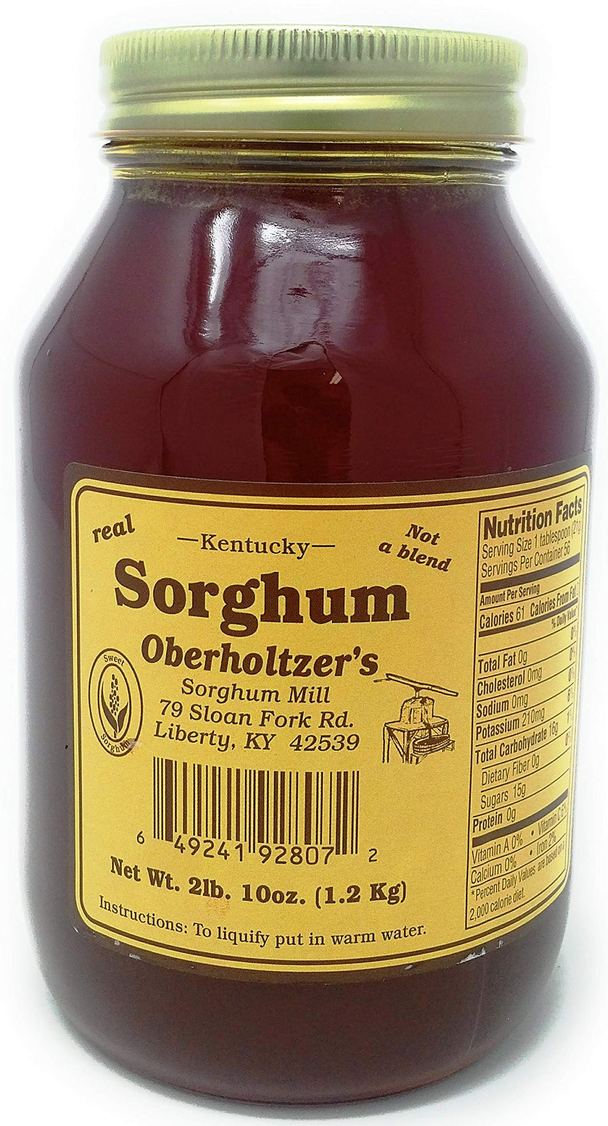 Oberholtzer's botella frontal 42 onzas mostrando etiqueta clara y origen