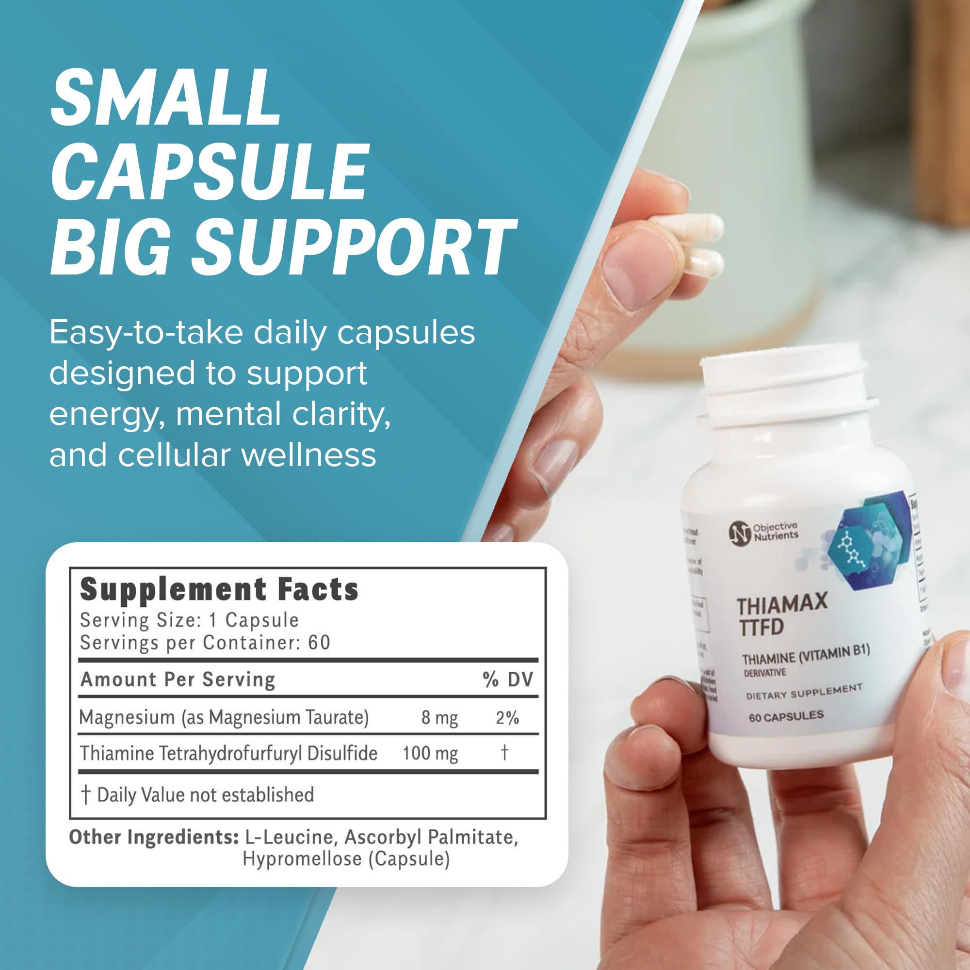 Objective Nutrients cápsulas junto a desayuno que sugiere apoyo metabólico