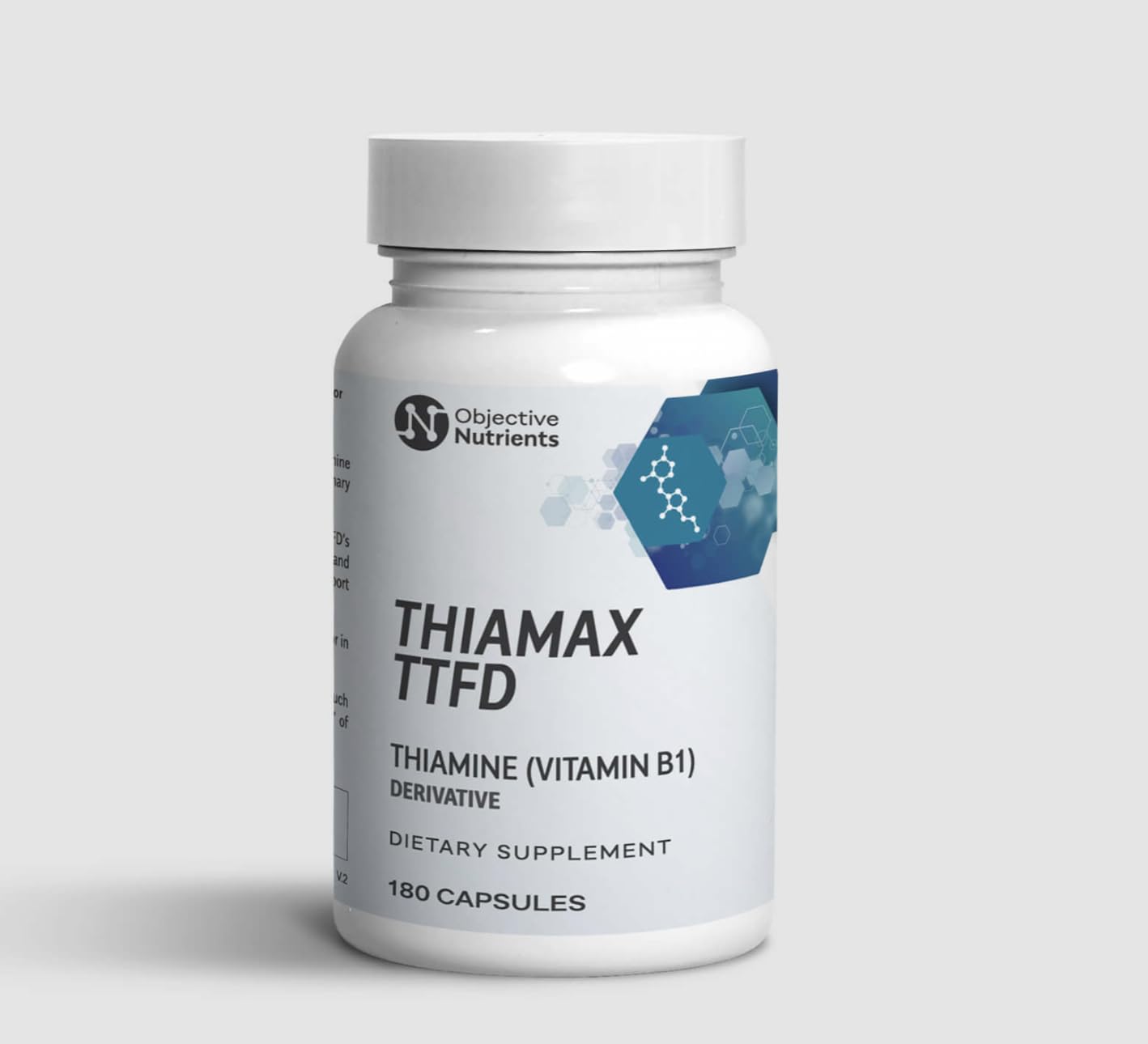Frasco Objective Nutrients Thiamax visible frontal con etiqueta clara y beneficios listados