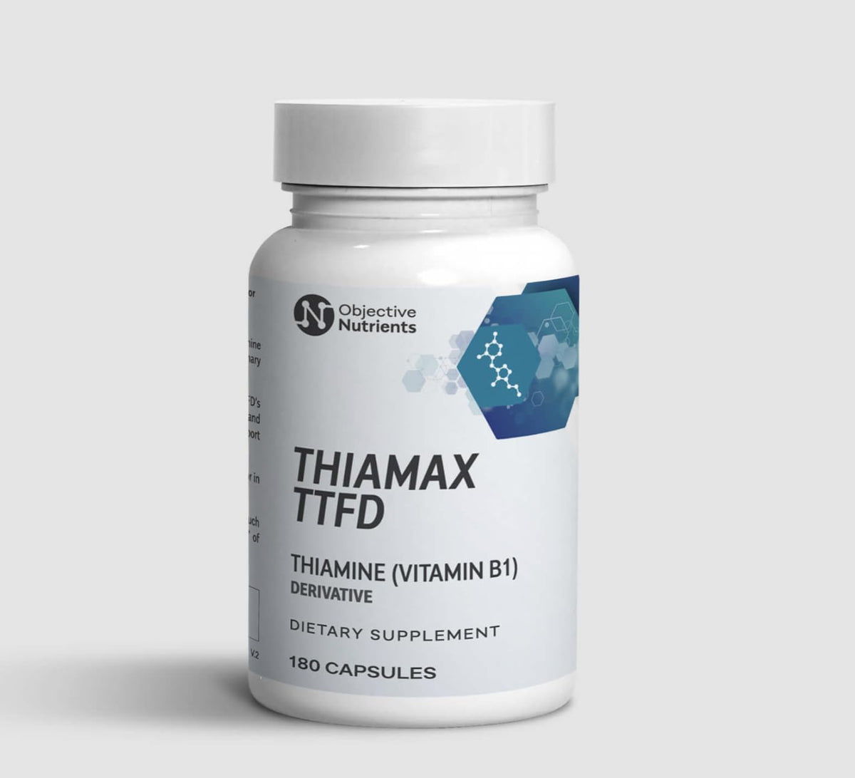 Frasco Objective Nutrients Thiamax visible frontal con etiqueta clara y beneficios listados
