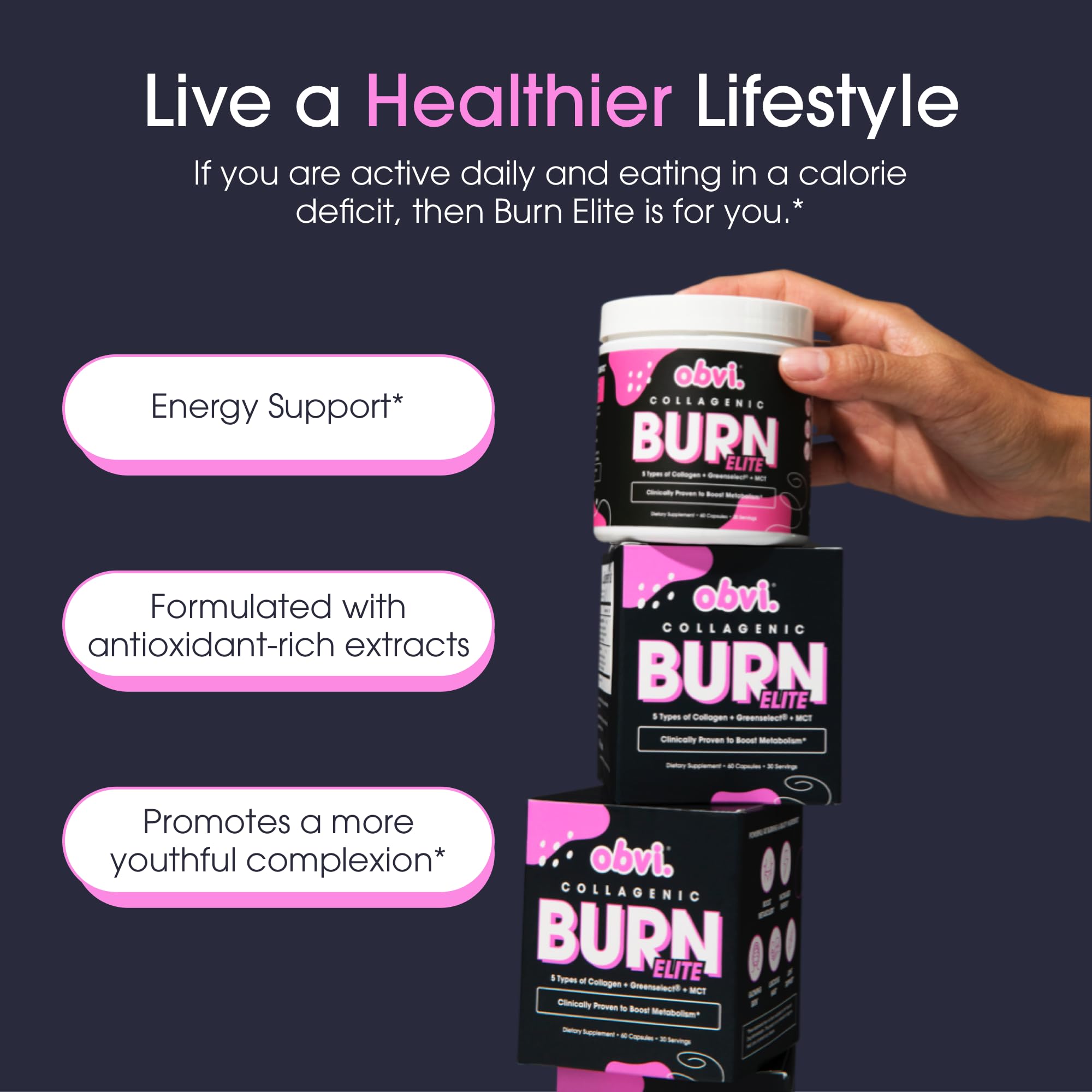 Obvi Burn Elite en una cocina luminosa con accesorios de fitness, evocando estilo de vida saludable