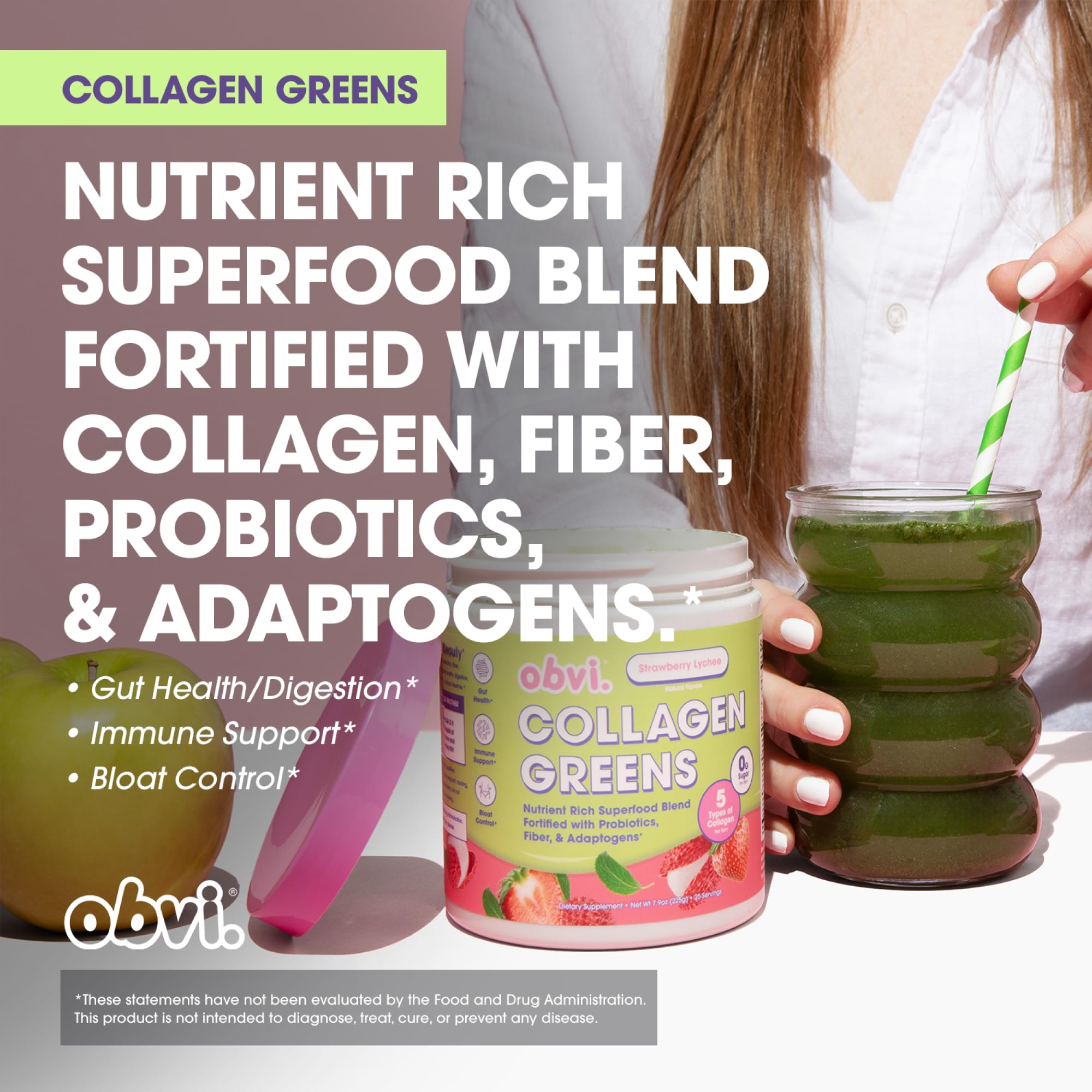 Obvi primeros planos de greens orgánicos y colágeno, evidencia de ingredientes