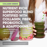 Obvi primeros planos de greens orgánicos y colágeno, evidencia de ingredientes