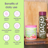 Obvi vaso con mezcla rosa fresa-lichi, bebida refrescante y nutritiva