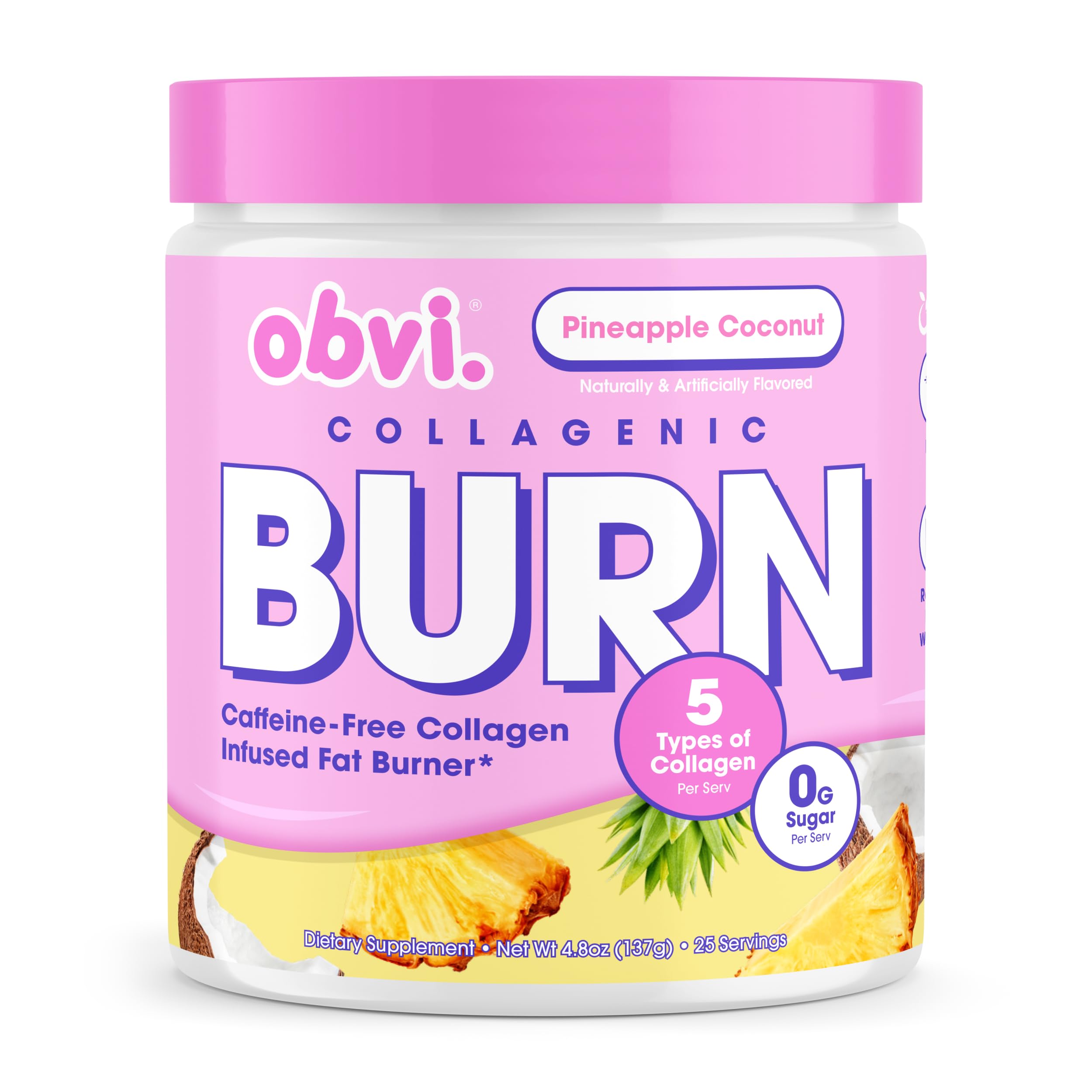Obvi envase frontal mostrando sabor piña coco y beneficios visibles