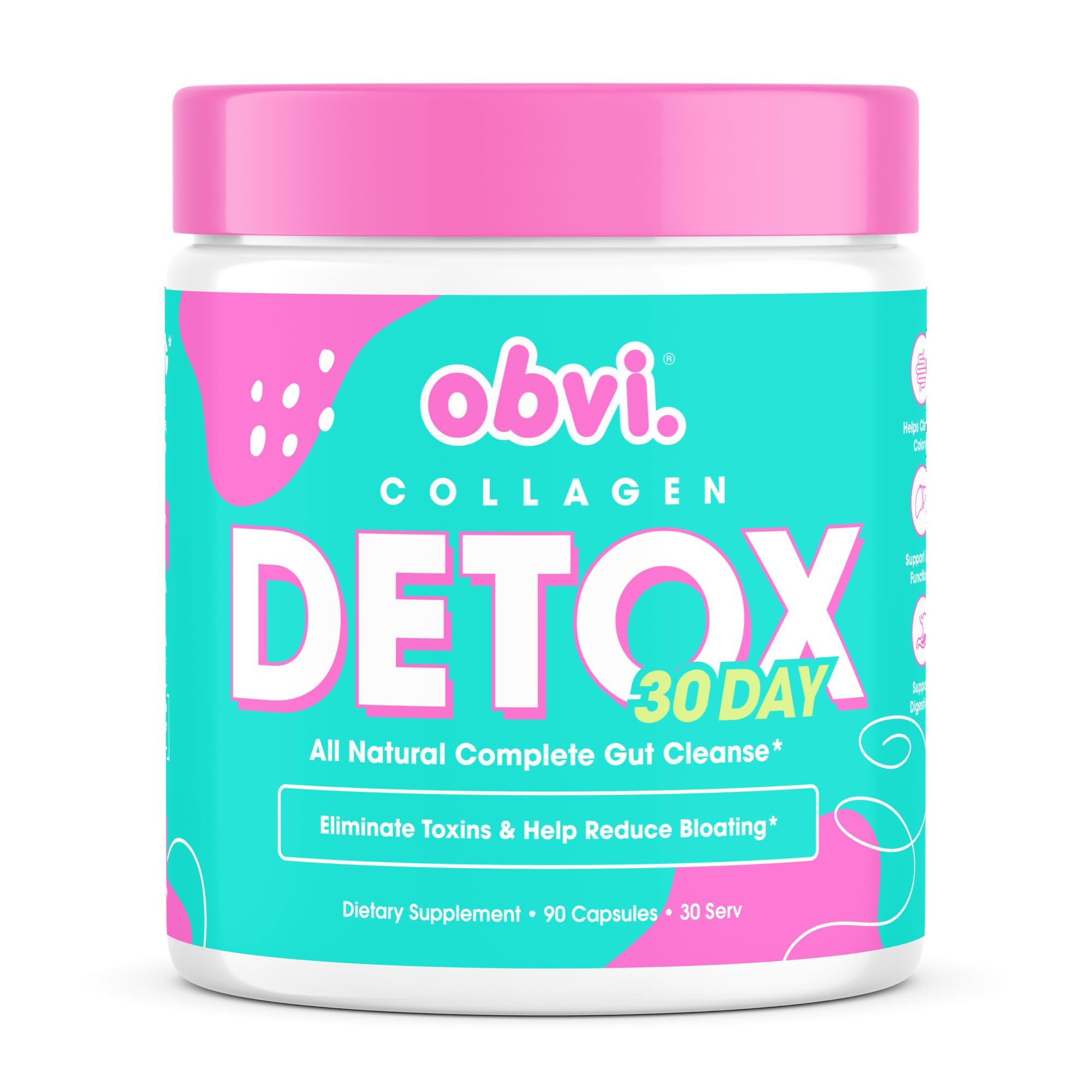 Obvi envase frontal mostrando 90 cápsulas para limpieza digestiva