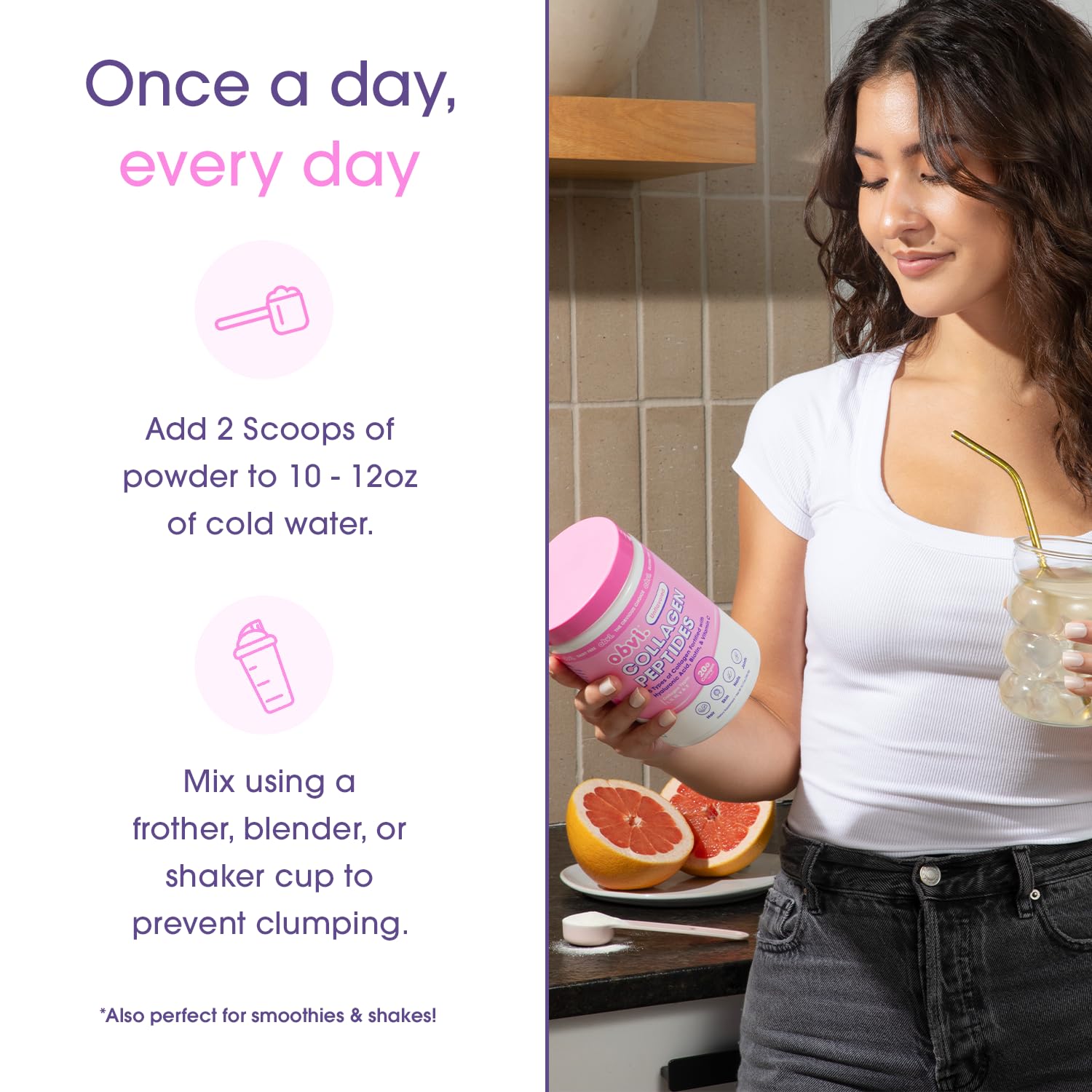 Obvi etiqueta de ingredientes con enfoque en colágeno múltiple y vitamina C