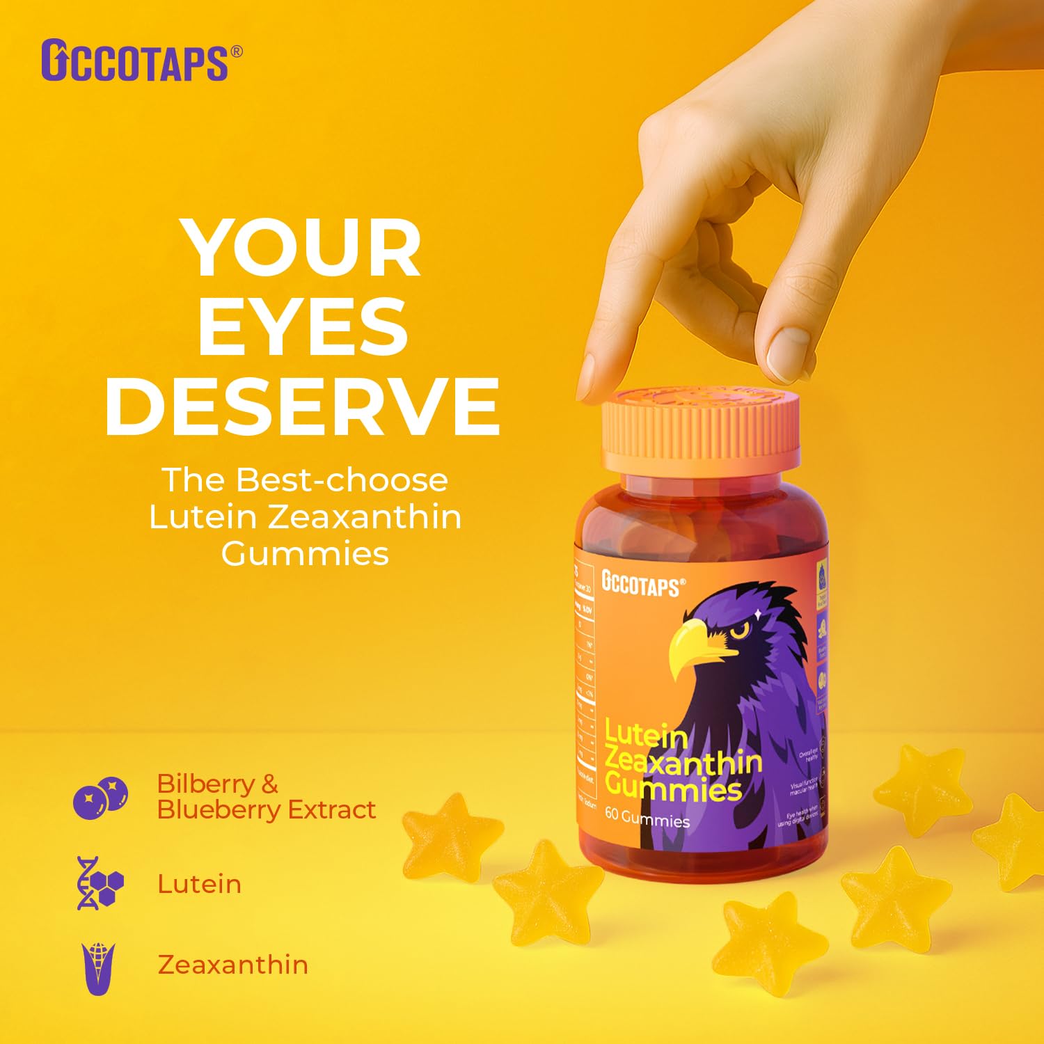 Occotaps botella abierta con gomitas visibles, almacenamiento seguro