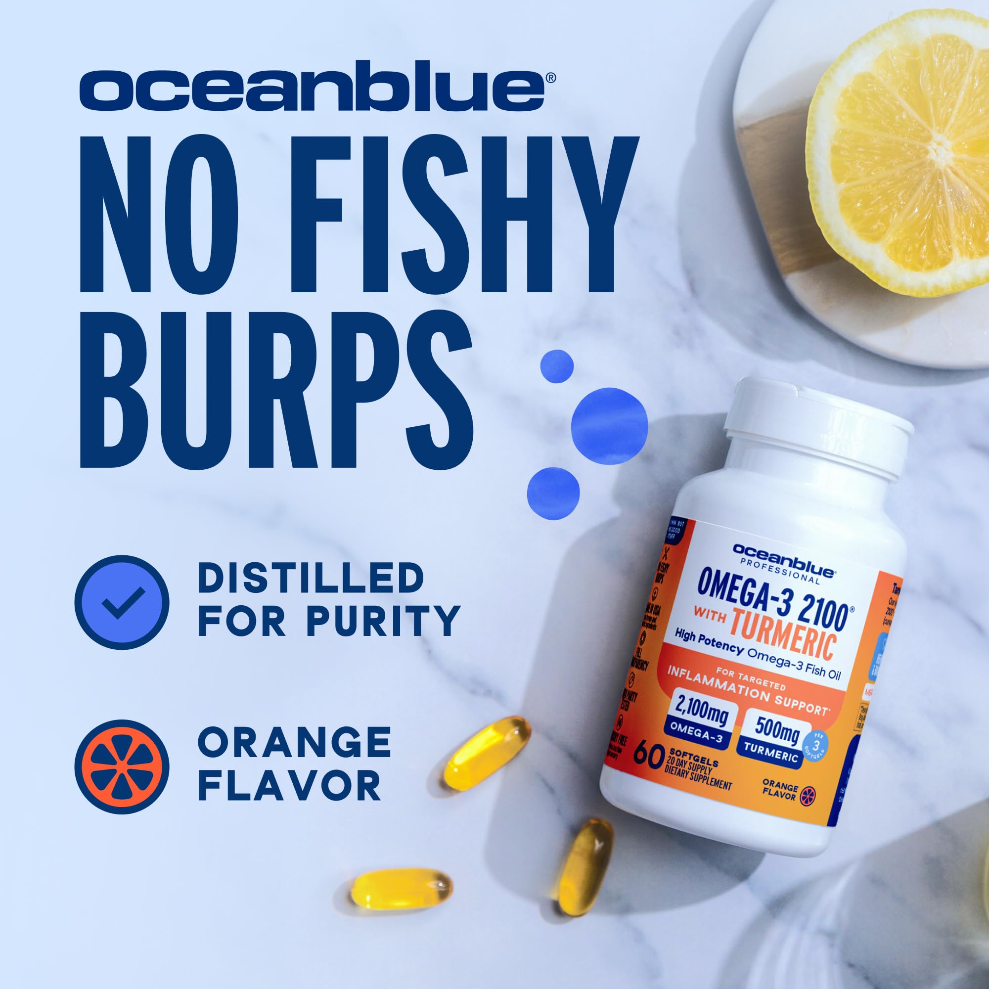 Oceanblue cápsulas sobre fondo naranja destacando aroma agradable
