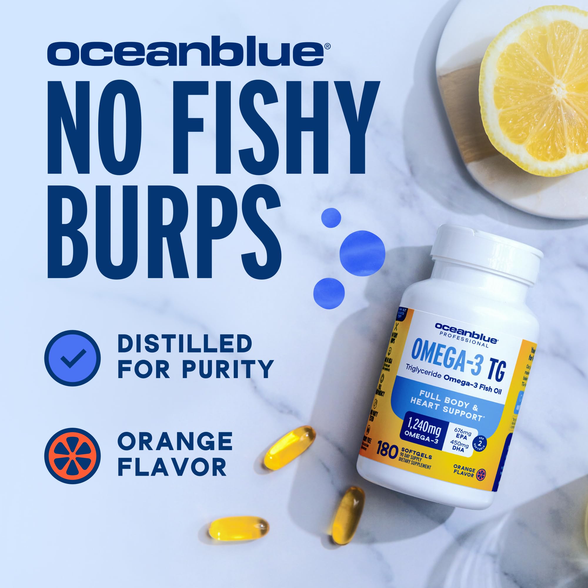 Oceanblue etiqueta nutricional clara que destaca EPA y DHA por porción
