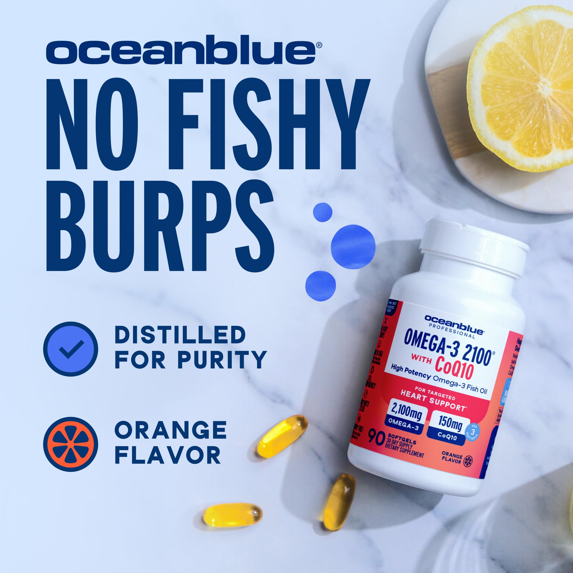 Oceanblue etiqueta destacando CoQ10 y dosis por cápsula de forma clara