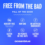 Oceanblue etiqueta detallada que muestra EPA, DHA y CoQ10 por porción