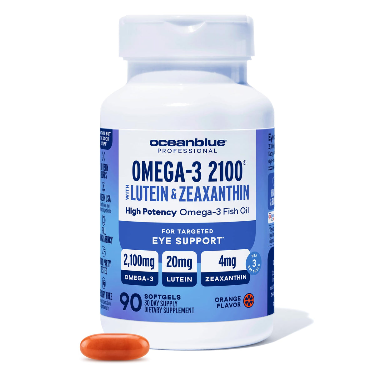 Oceanblue frente del empaque mostrando frasco y softgels, claridad y confianza