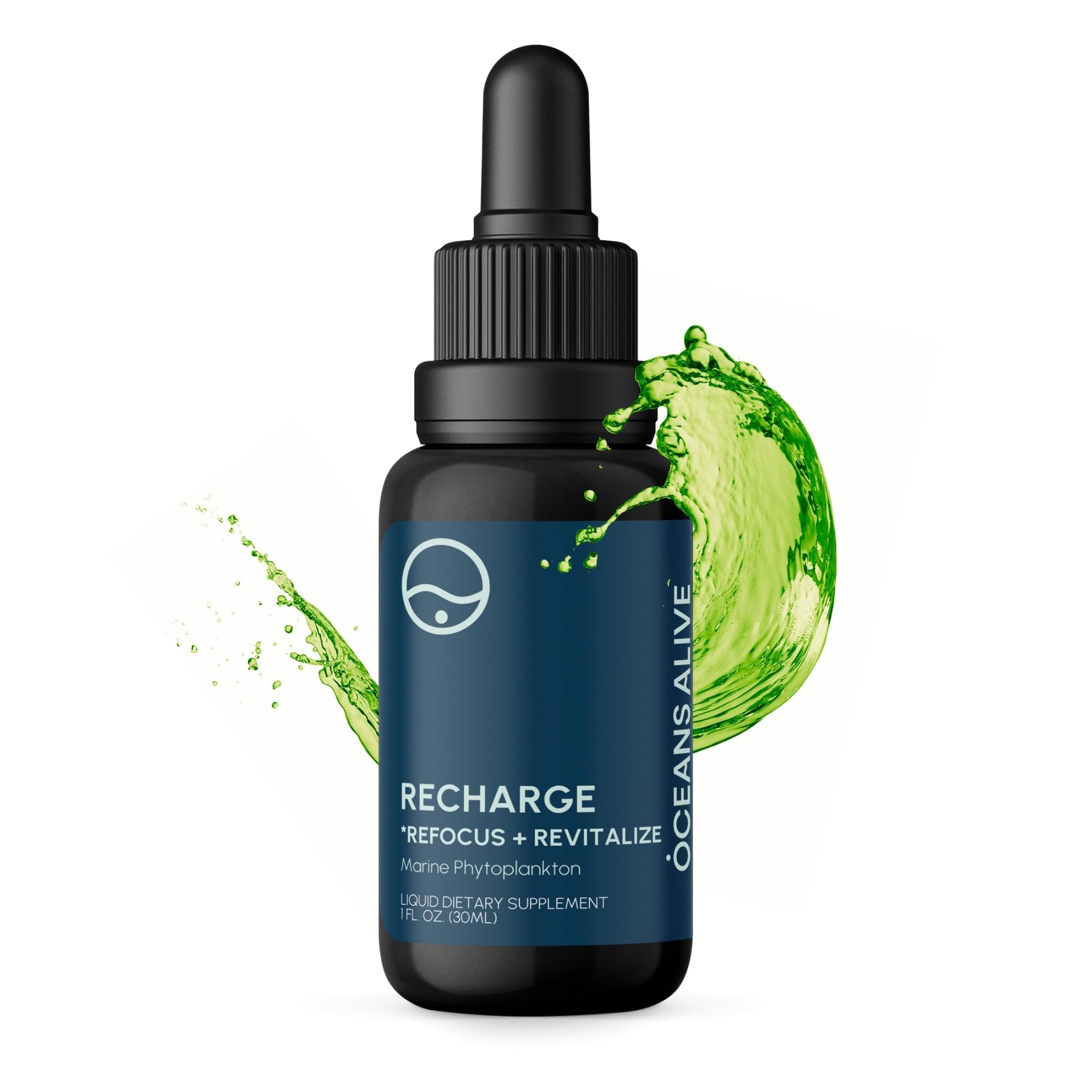 Oceans Alive frasco delantero mostrando diseño y formato de 30 ml y fácil dosificación