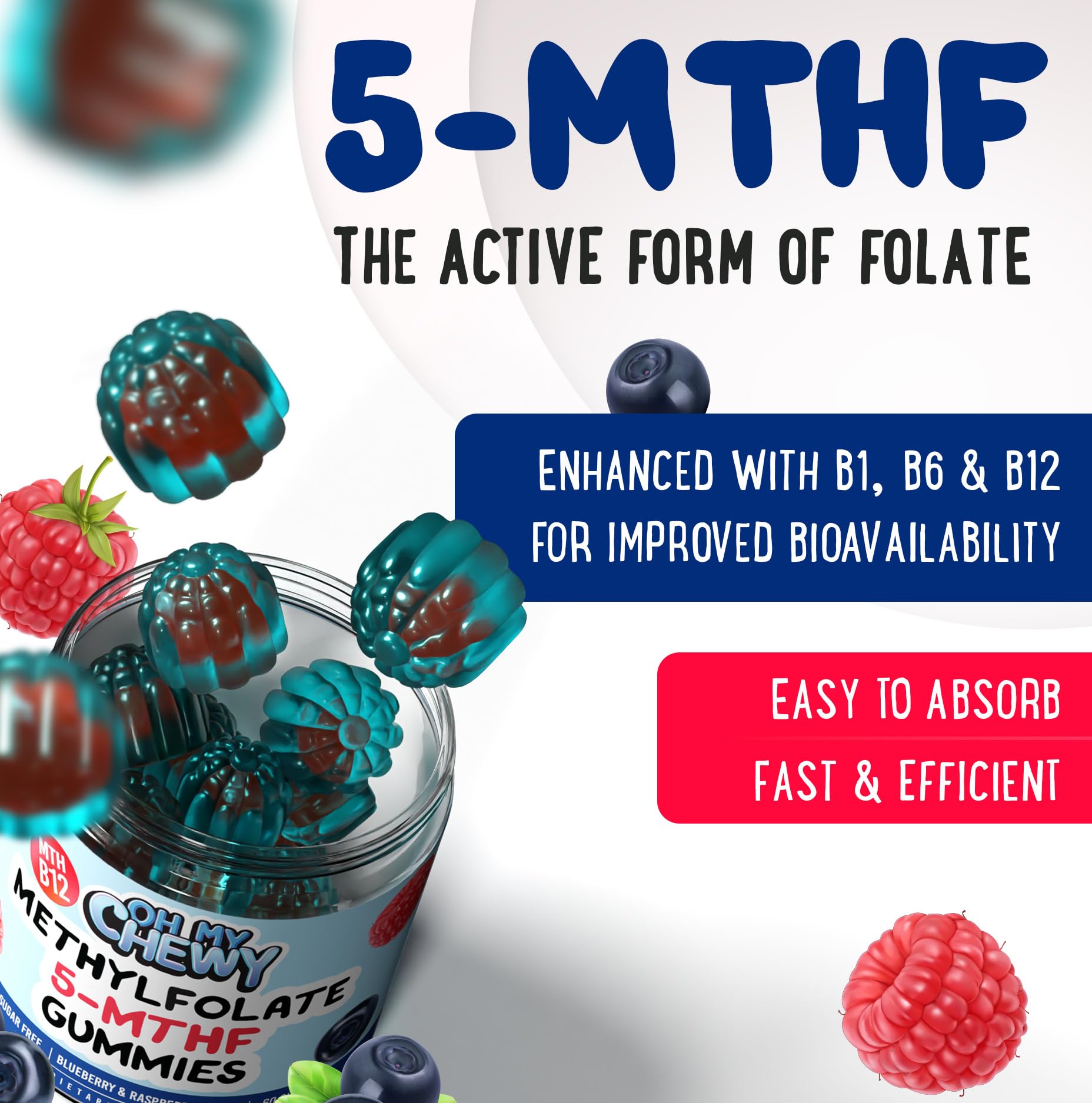 OH MY CHEWY etiqueta con 5‑MTHF y vitaminas B claras