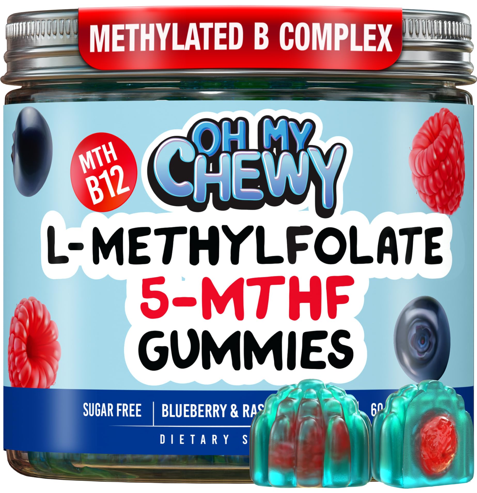 OH MY CHEWY frasco frontal mostrando 60 gomitas y beneficios sin azúcar