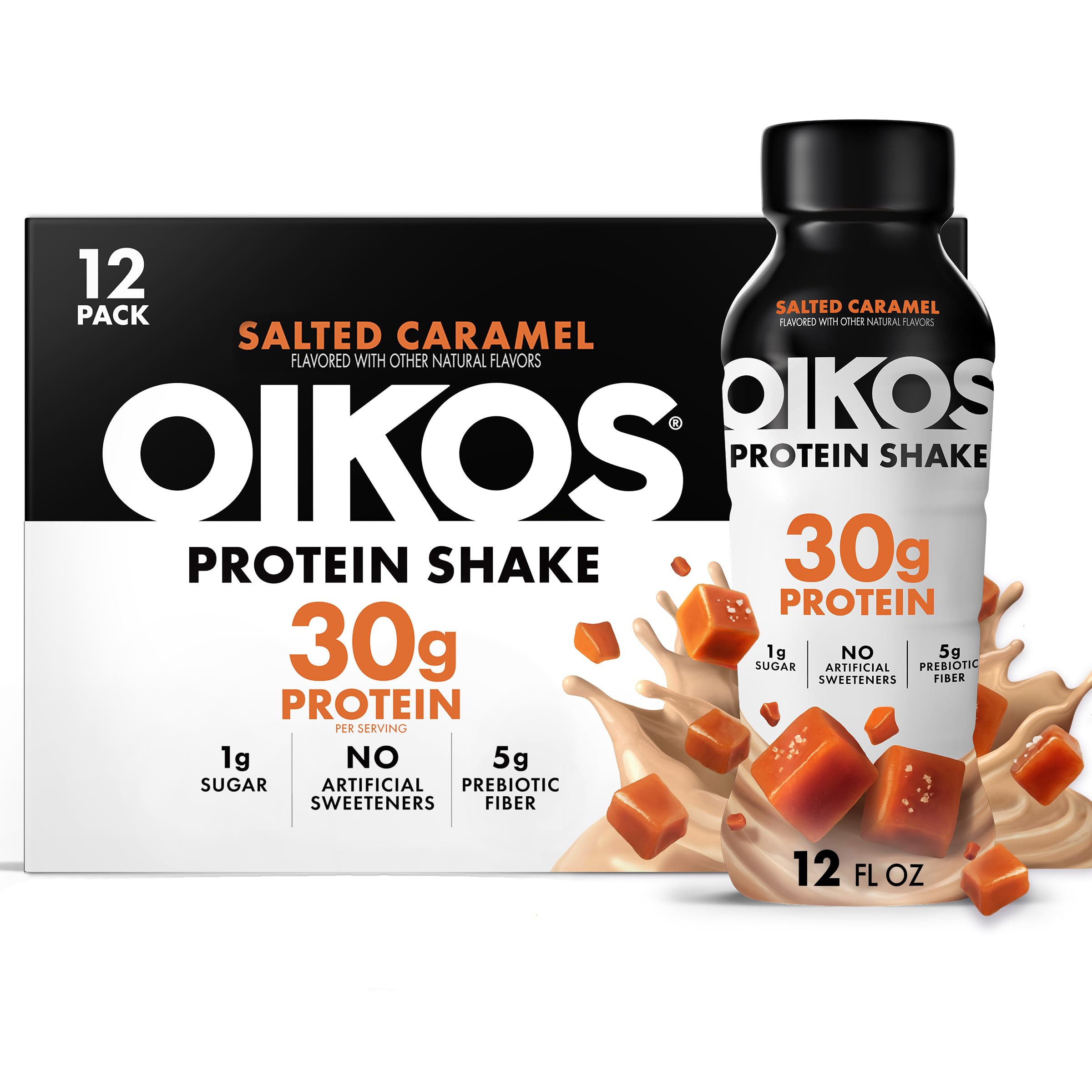Oikos botella frontal salted caramel mostrando etiqueta y conveniencia