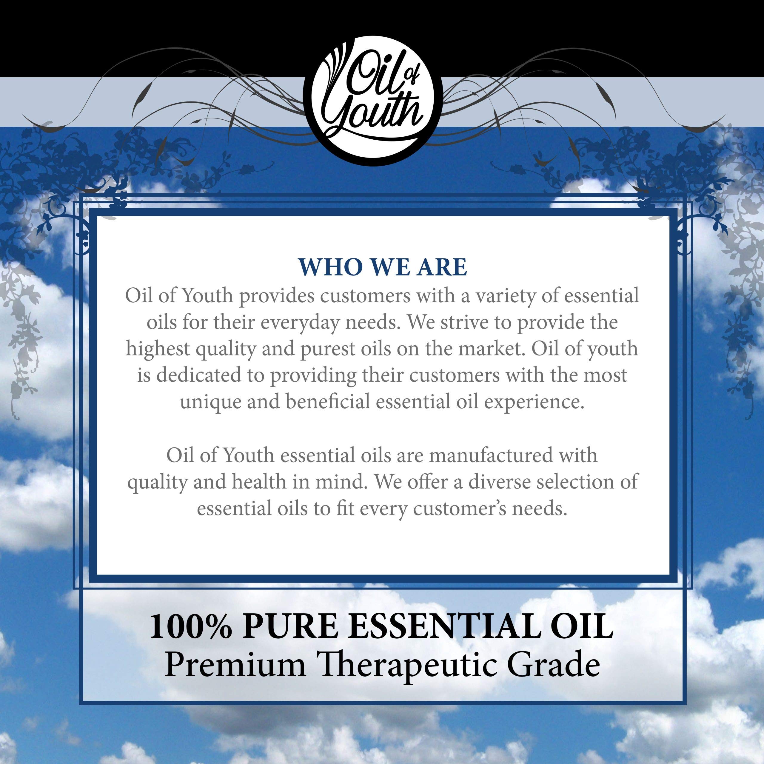 Oil of Youth etiqueta con información del producto y origen USA, tranquilidad al comprar