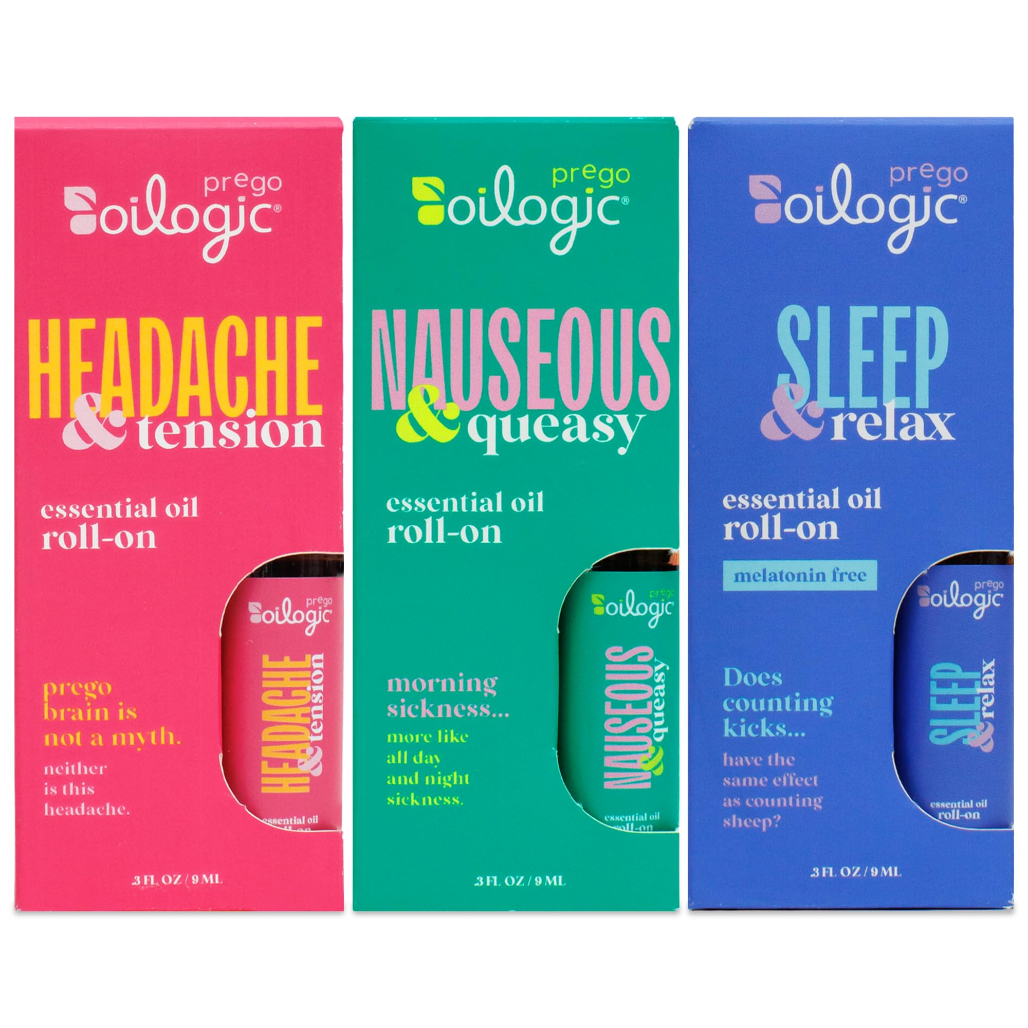 Oilogic set frontal mostrando tres roll-ons para comodidad en embarazo