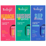 Oilogic set frontal mostrando tres roll-ons para comodidad en embarazo