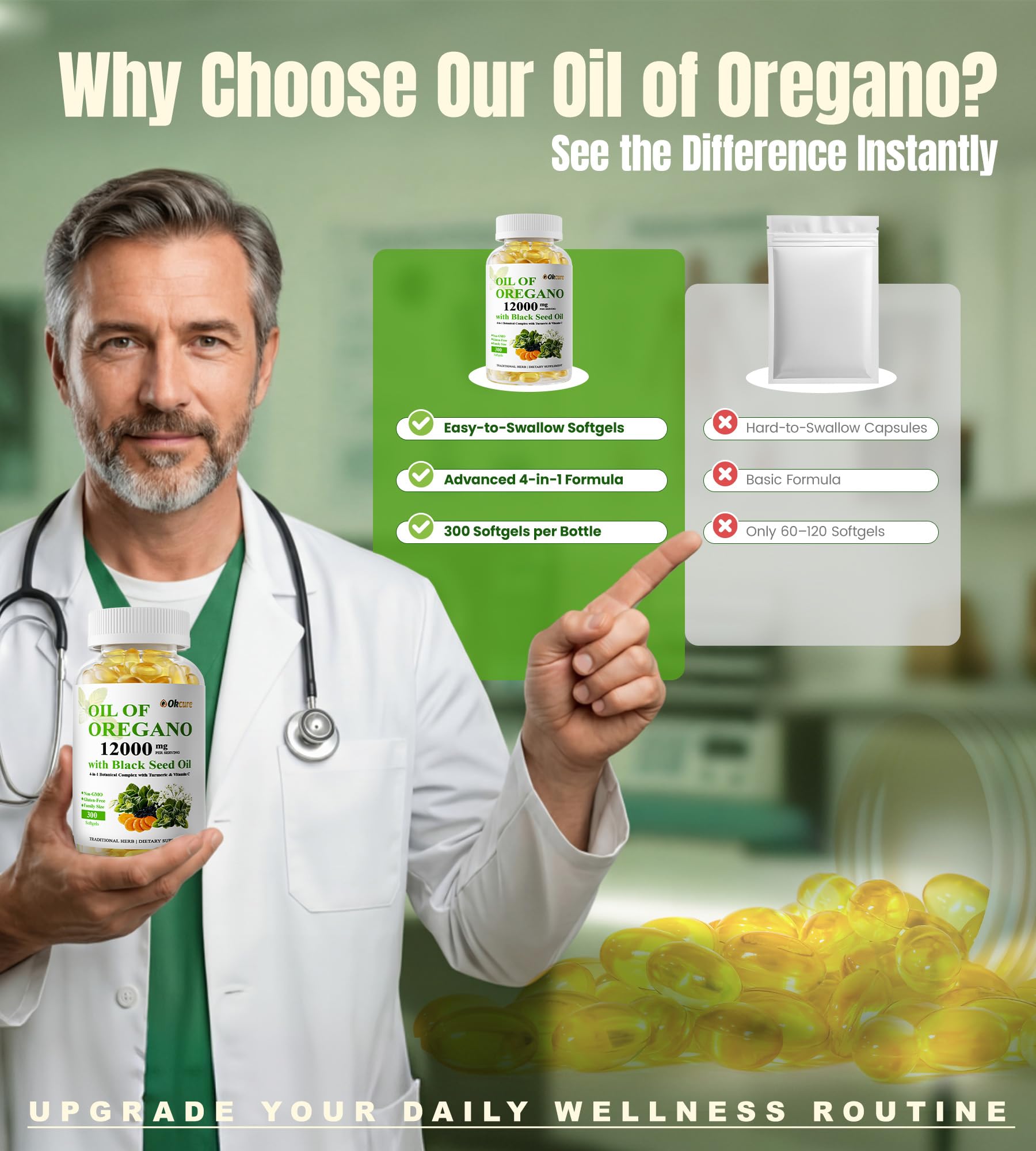 Okcure frasco en mesa con plantas para enfatizar origen vegetal y uso cotidiano