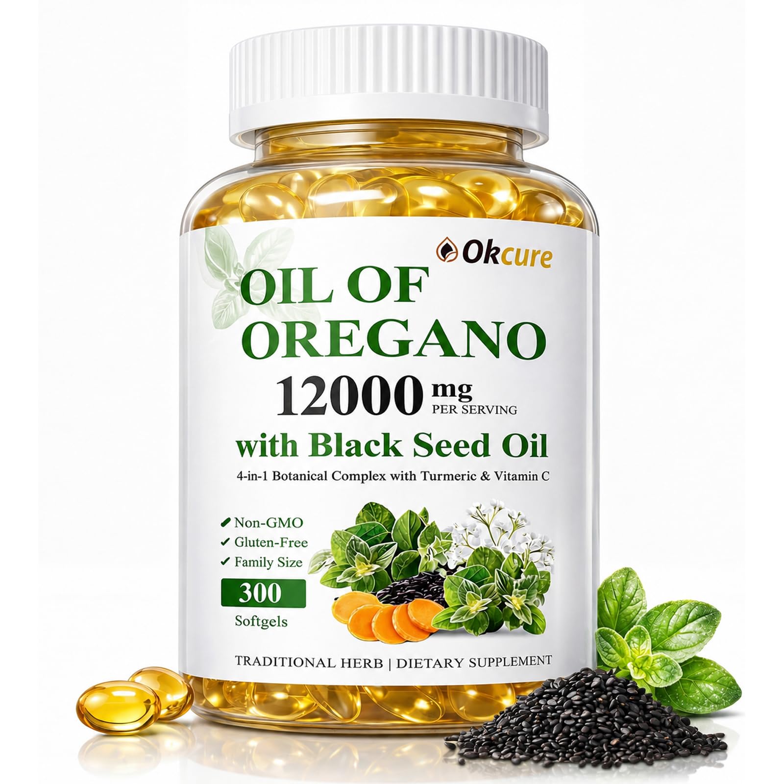 Okcure frasco frontal mostrando 300 softgels y etiqueta clara para suministro prolongado