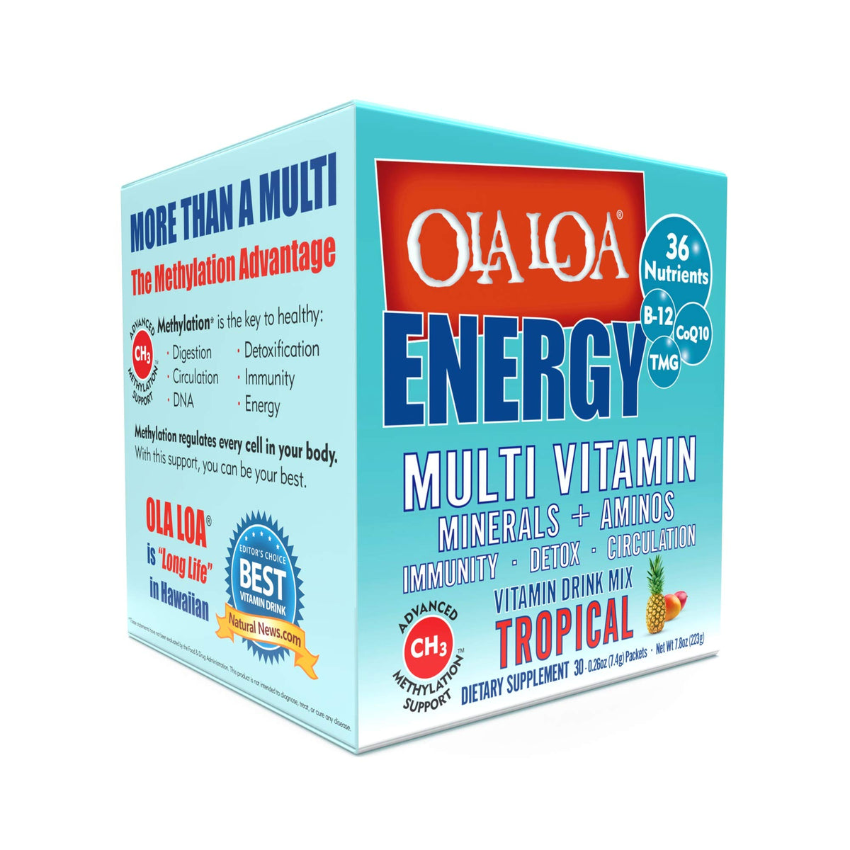 Ola Loa paquete frontal mostrando 30 sobres para energía y vitaminas