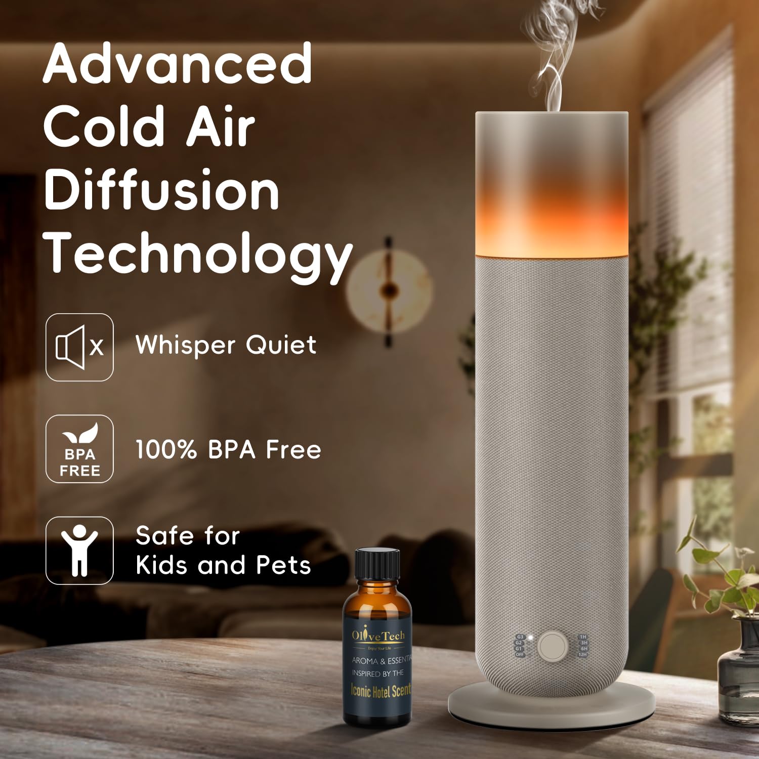 OliveTech difusor en uso en salón difundiendo aroma constante y silencioso