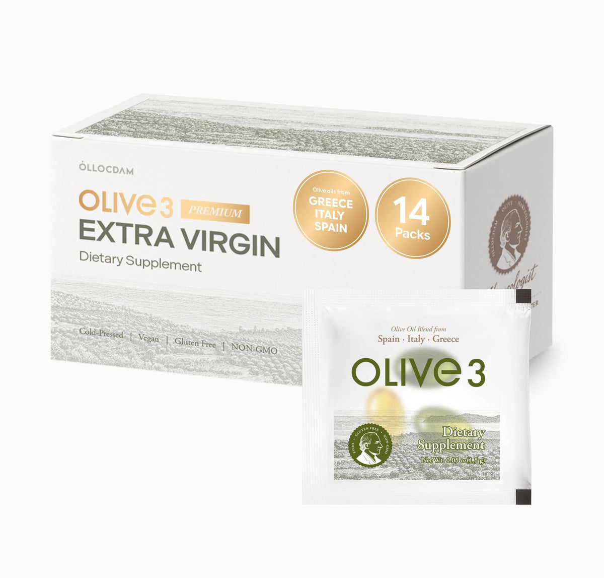 Ollocdam envase frontal mostrando packs diarios y conveniencia