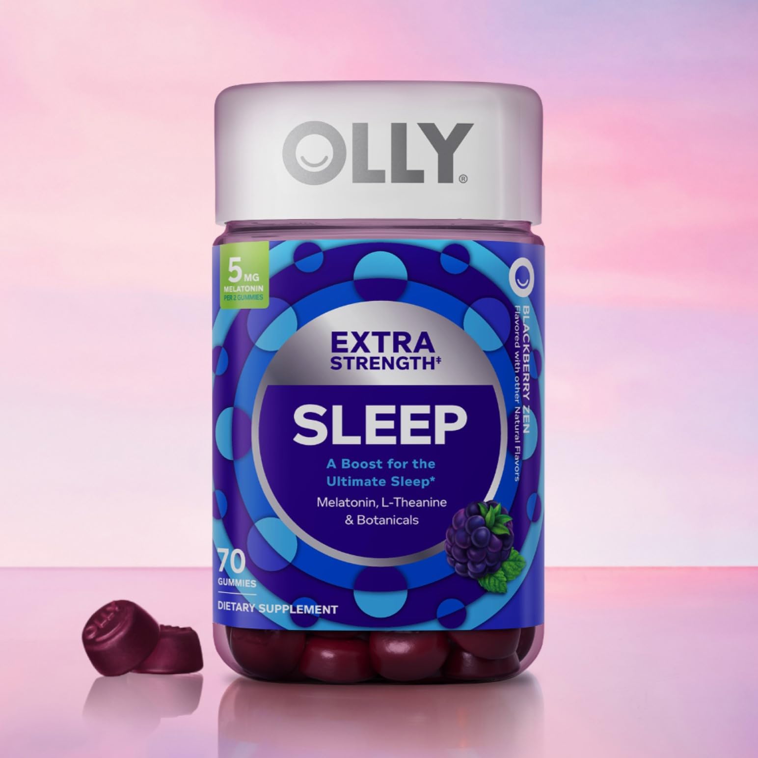 OLLY gominolas comparadas con una moneda para mostrar tamaño masticable práctico