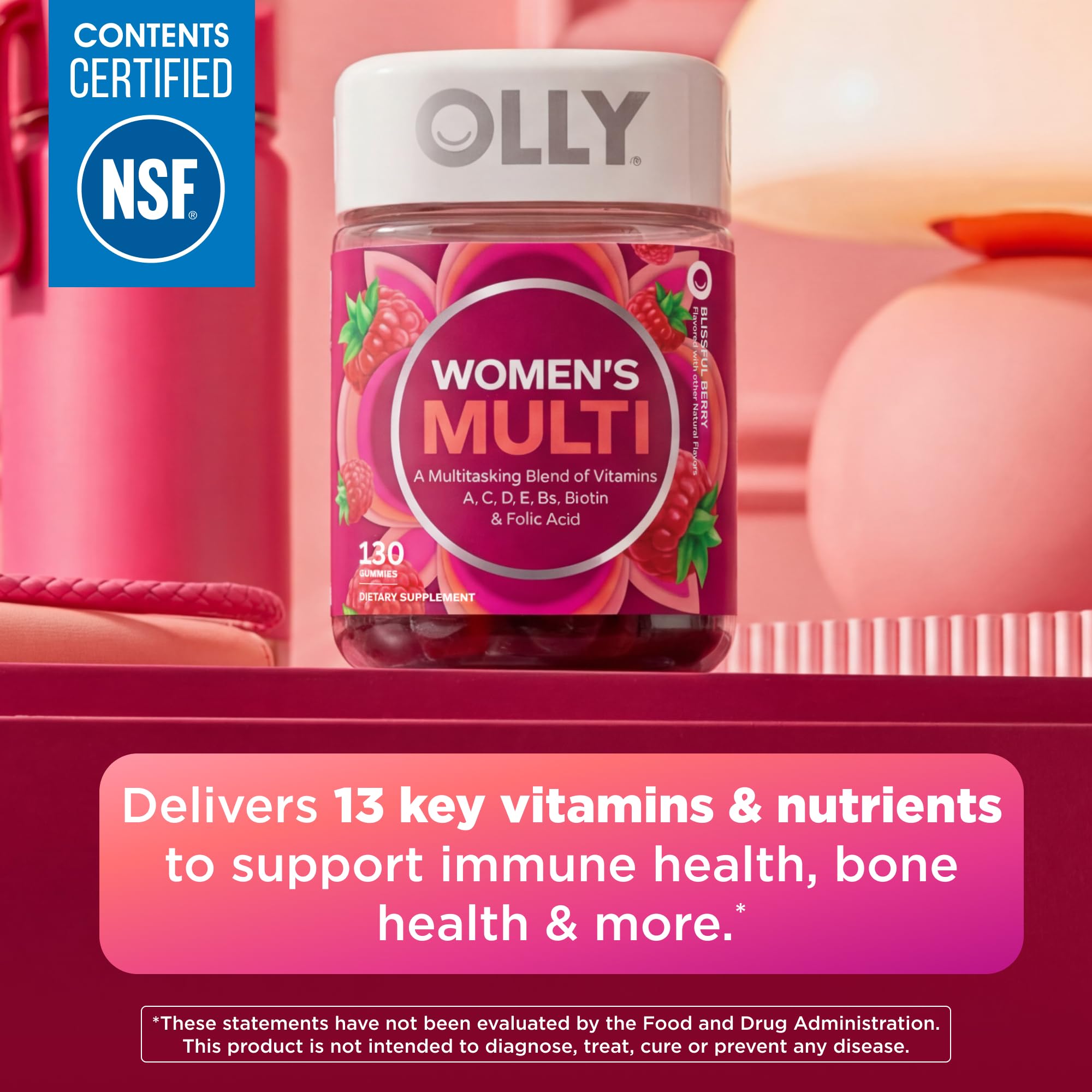 OLLY detalle de etiqueta con lista de vitaminas y beneficios visibles