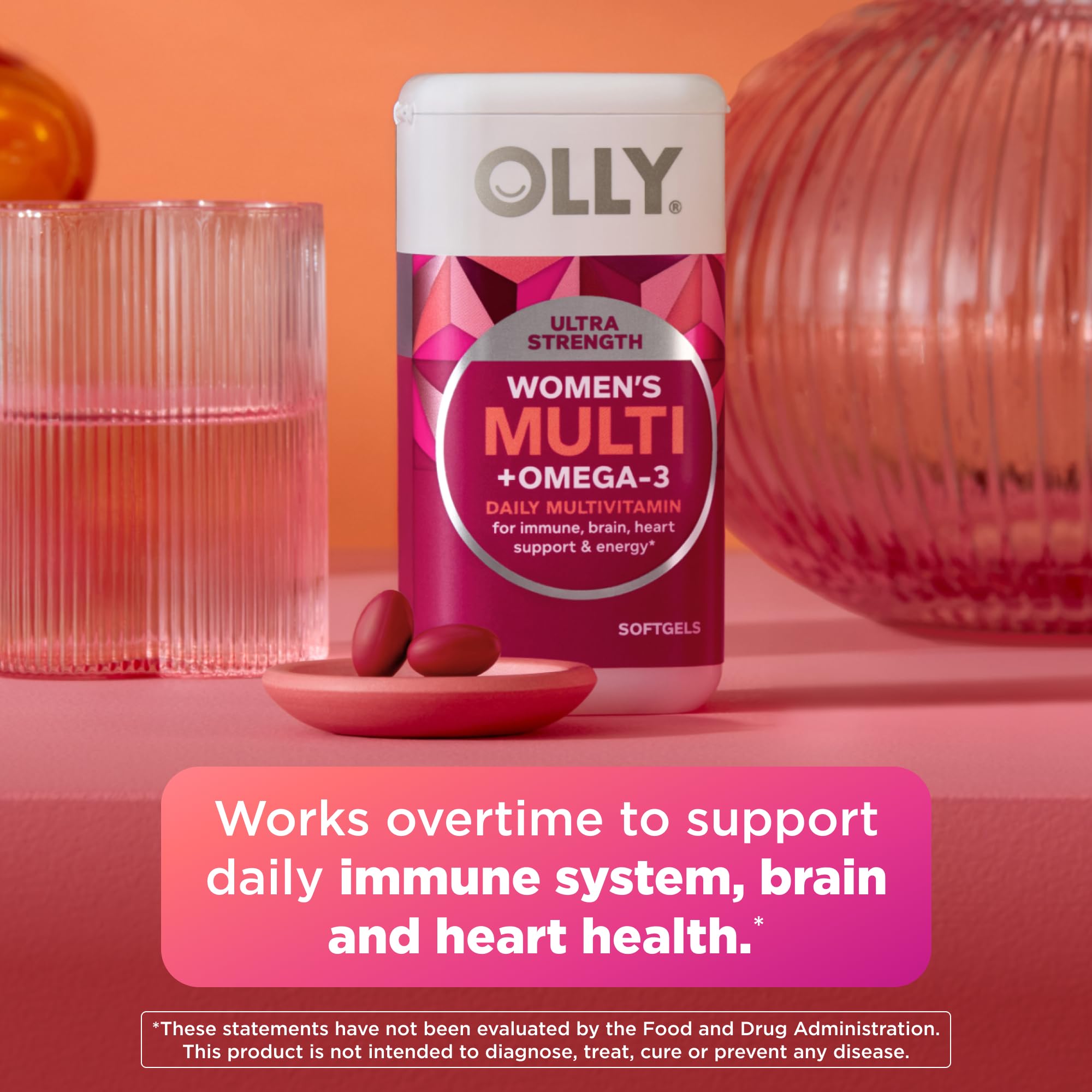 OLLY primer plano de softgel brillante que destaca textura fácil de tragar