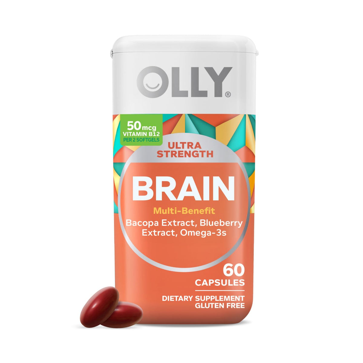 OLLY frasco frontal Ultra Strength Brain mostrando envase portable y claridad