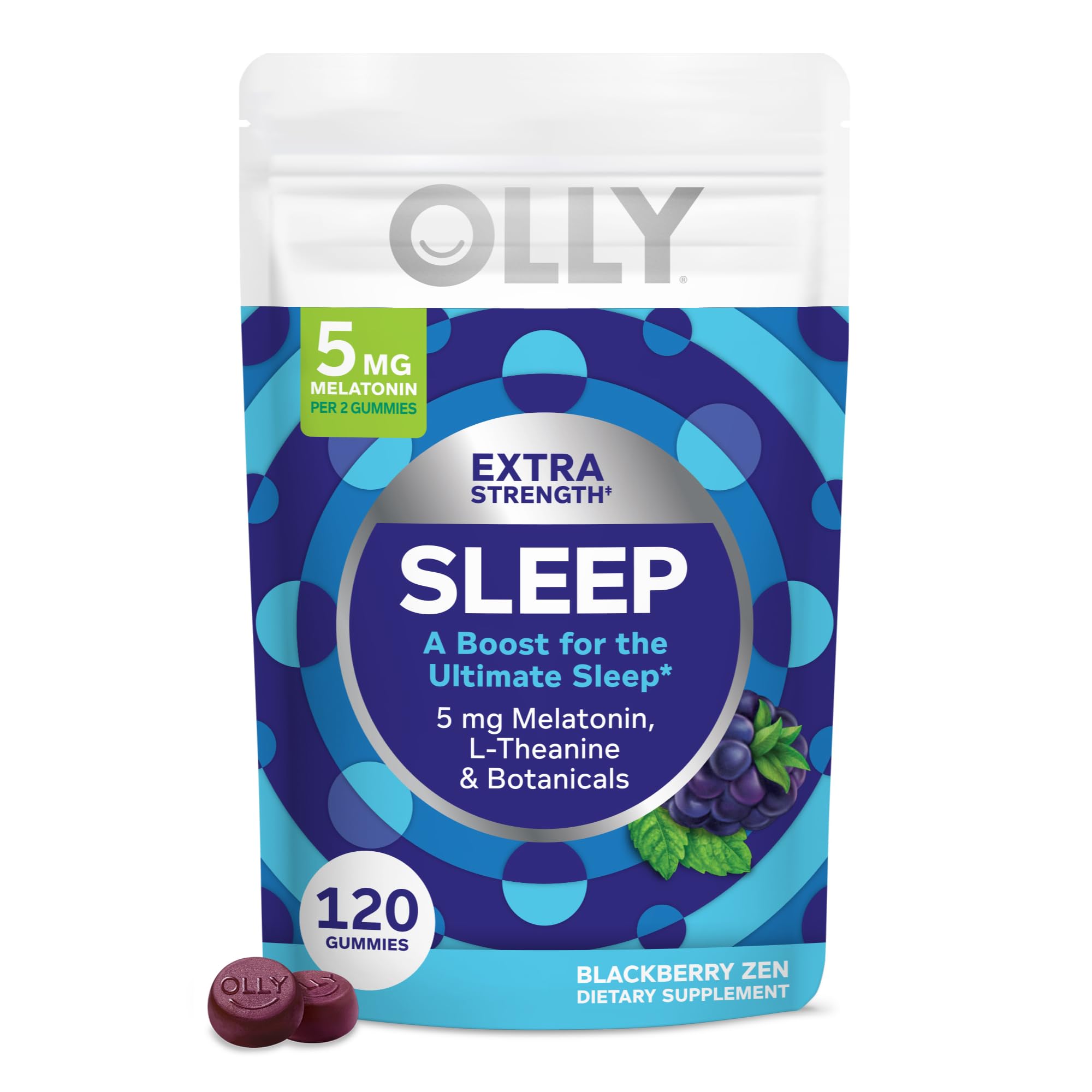 Frasco OLLY Extra Strength Sleep vista frontal mostrando diseño y cantidad 120 unidades
