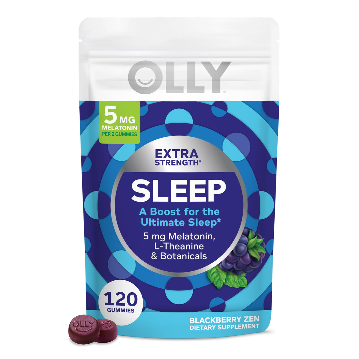 Frasco OLLY Extra Strength Sleep vista frontal mostrando diseño y cantidad 120 unidades