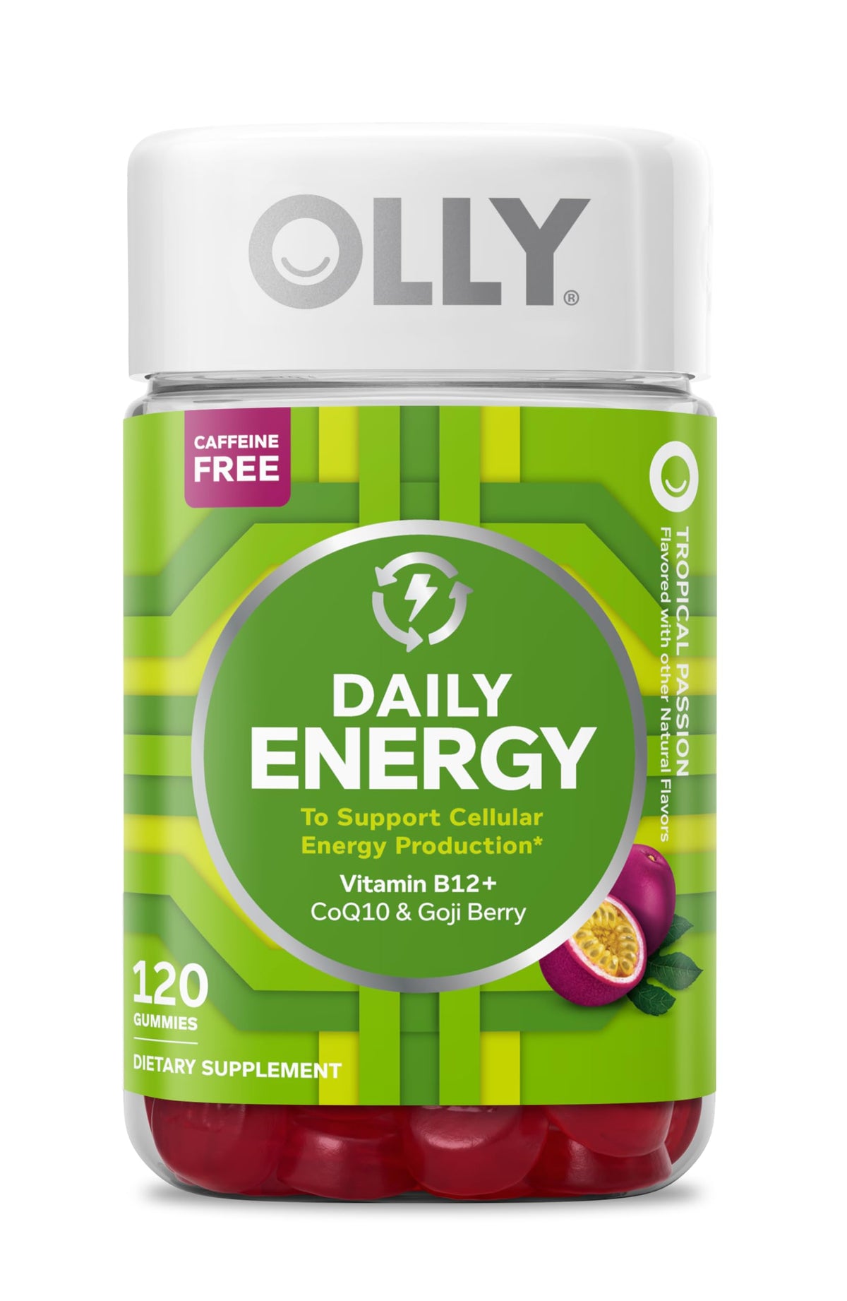 OLLY frasco frontal Daily Energy mostrando el envase y beneficio energético