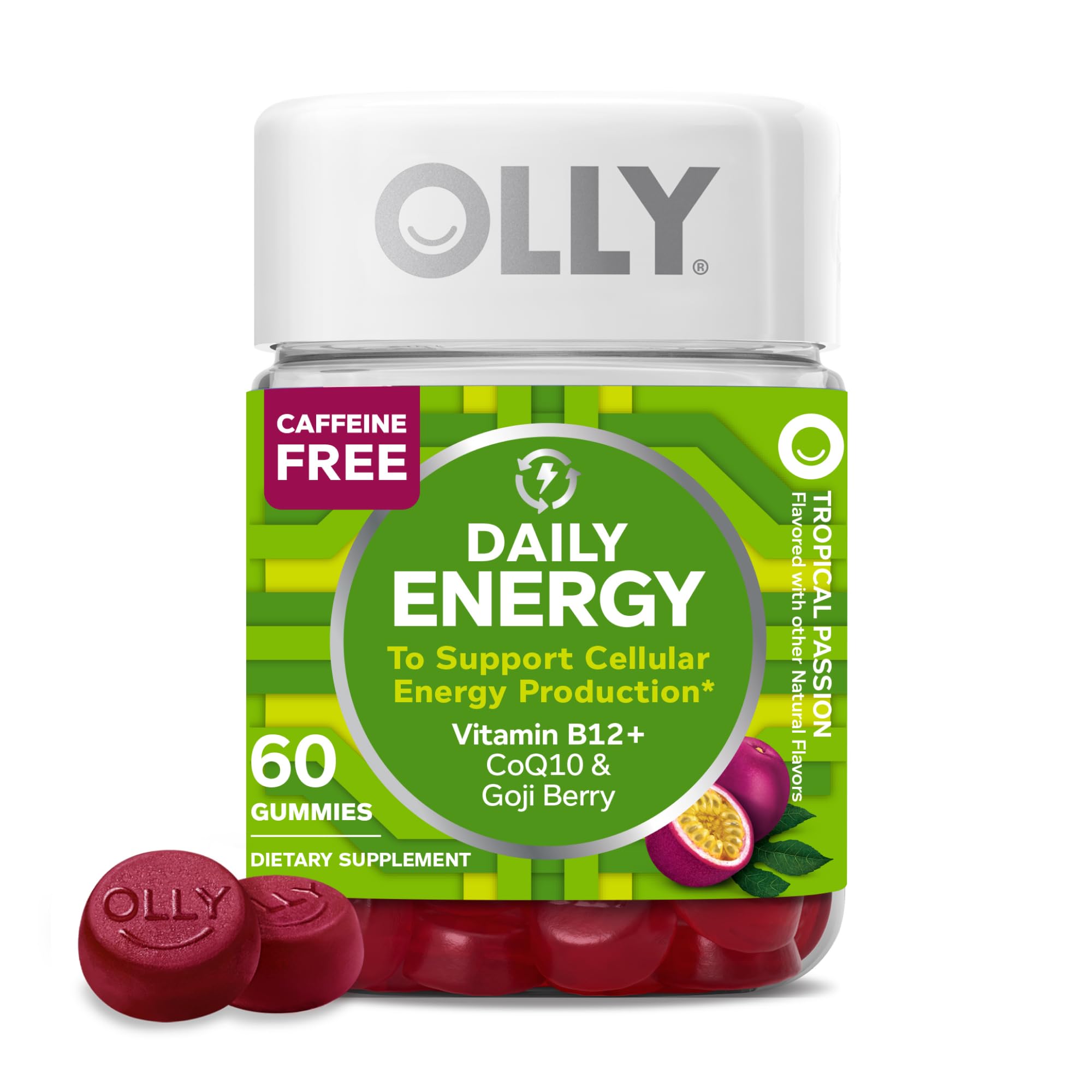 OLLY frasco frontal Energy sabor tropical mostrando diseño y beneficio práctico