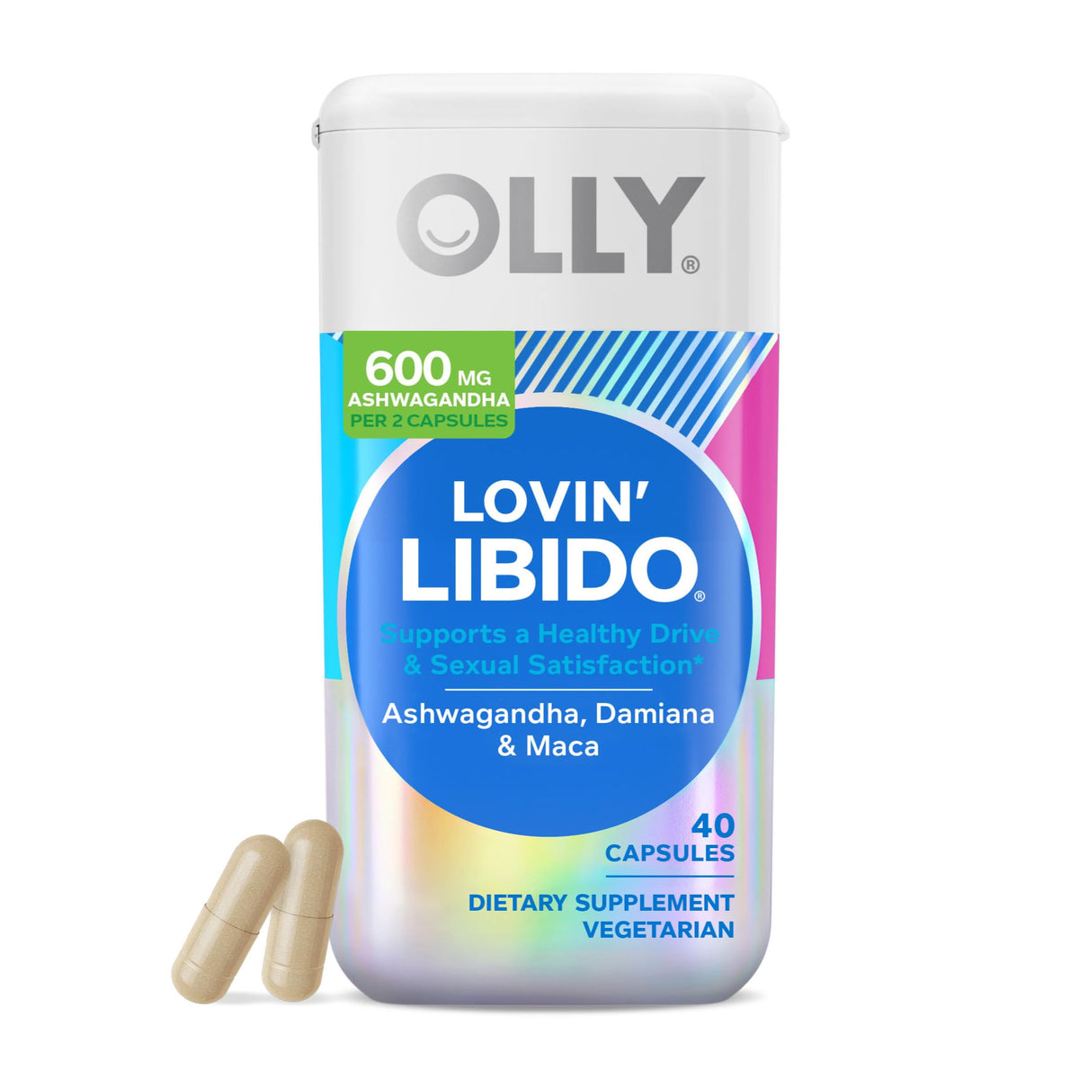 OLLY frasco frontal mostrando diseño y formato compacto, favorece almacenamiento