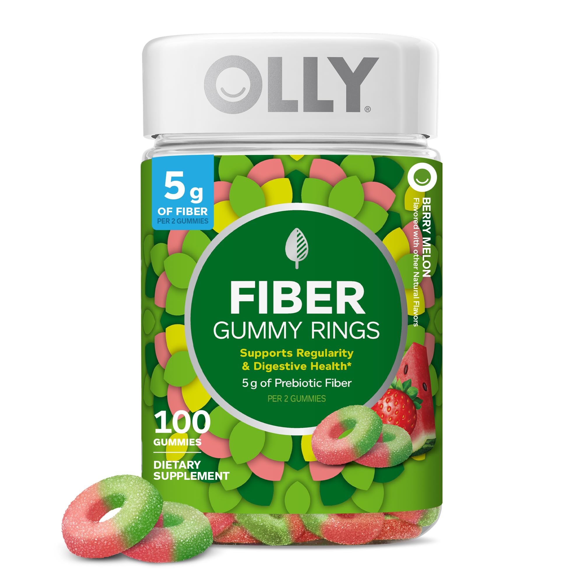 OLLY envase frontal mostrando 100 gomitas y beneficios de fibra