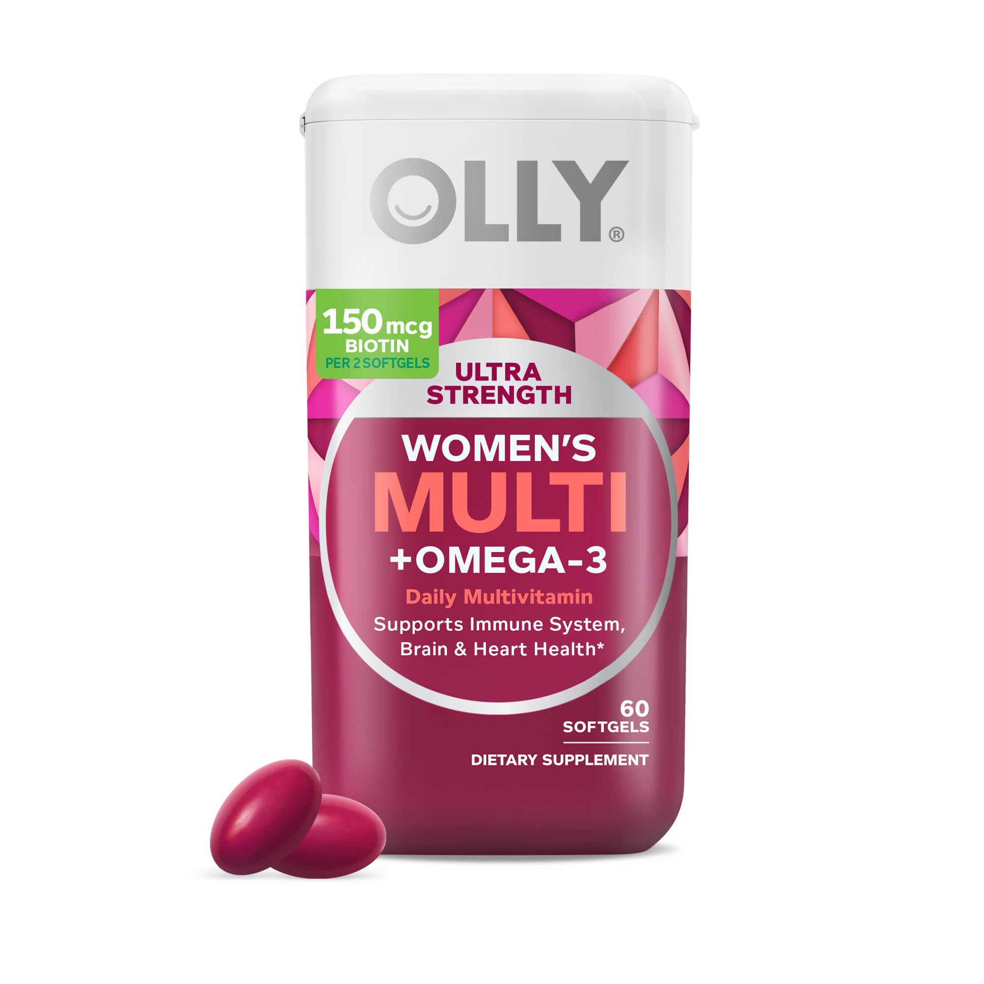 OLLY envase frontal Ultra Strength mostrando presentación de 60 softgels y beneficios