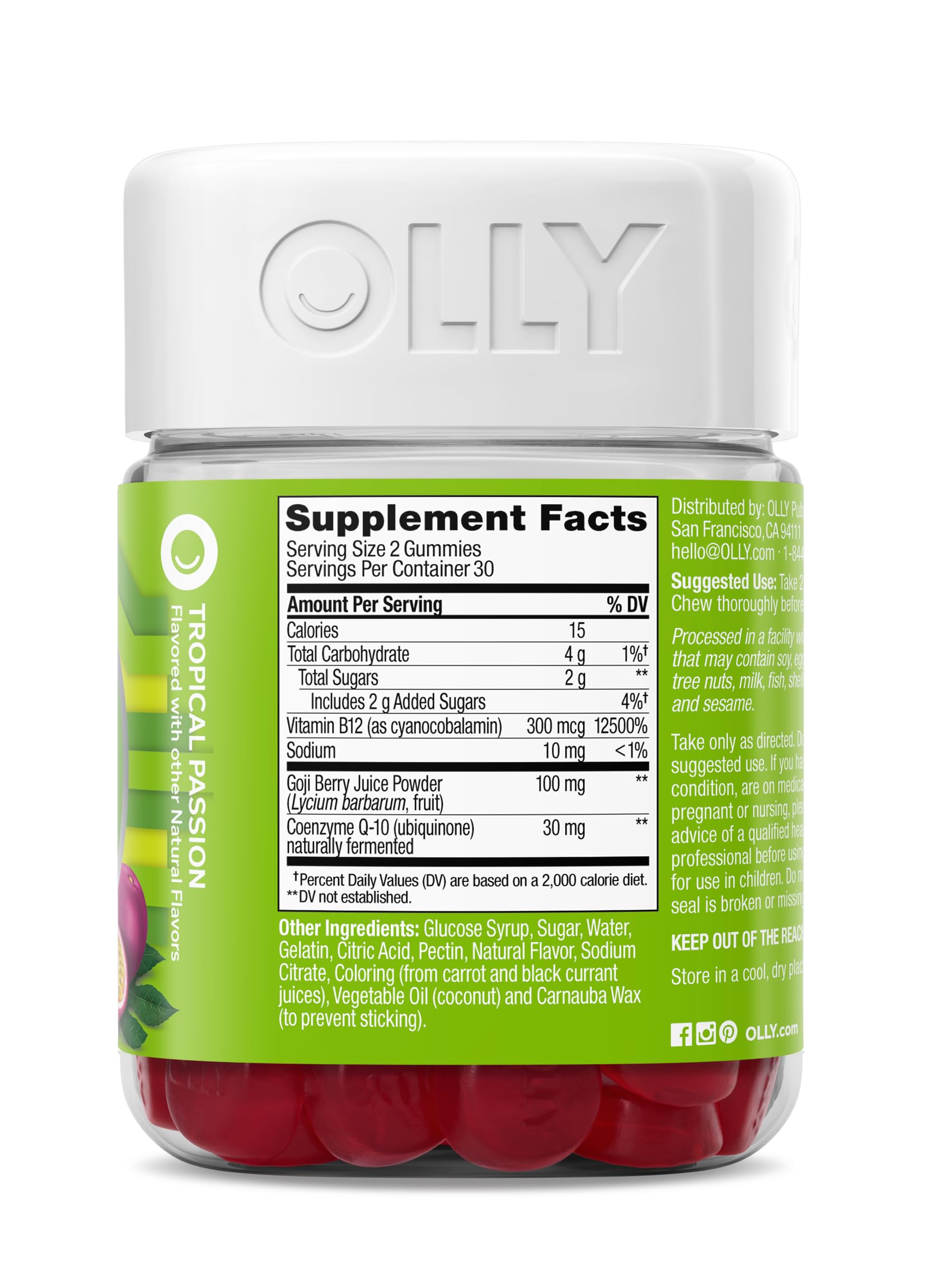 OLLY close-up de gomita junto a goji y maracuyá para resaltar ingredientes naturales